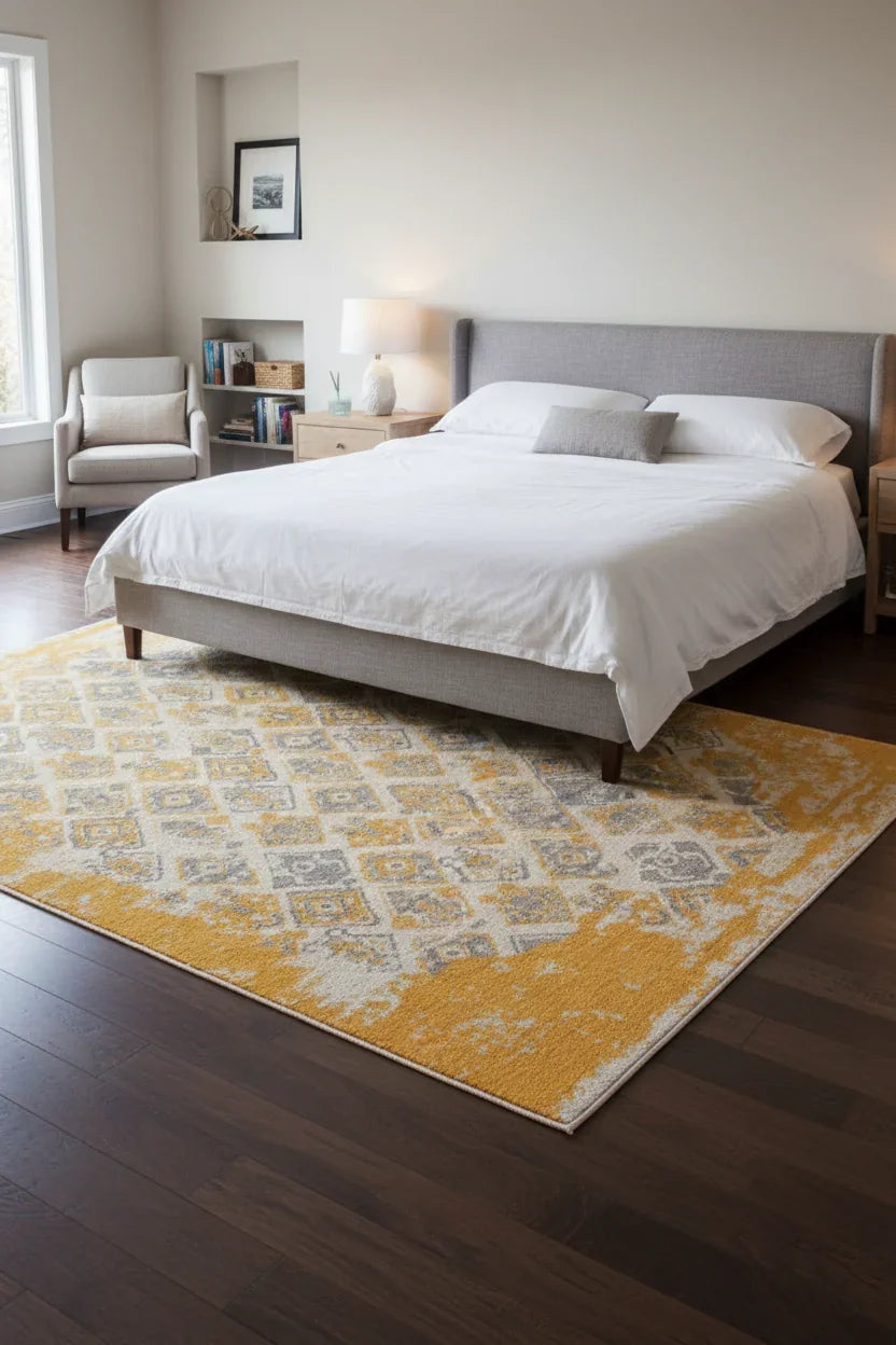 Gri Sarı Çift Taraflı Modern Vintage Yıkanabilir Antibakteriyel Halı-Pera Halı