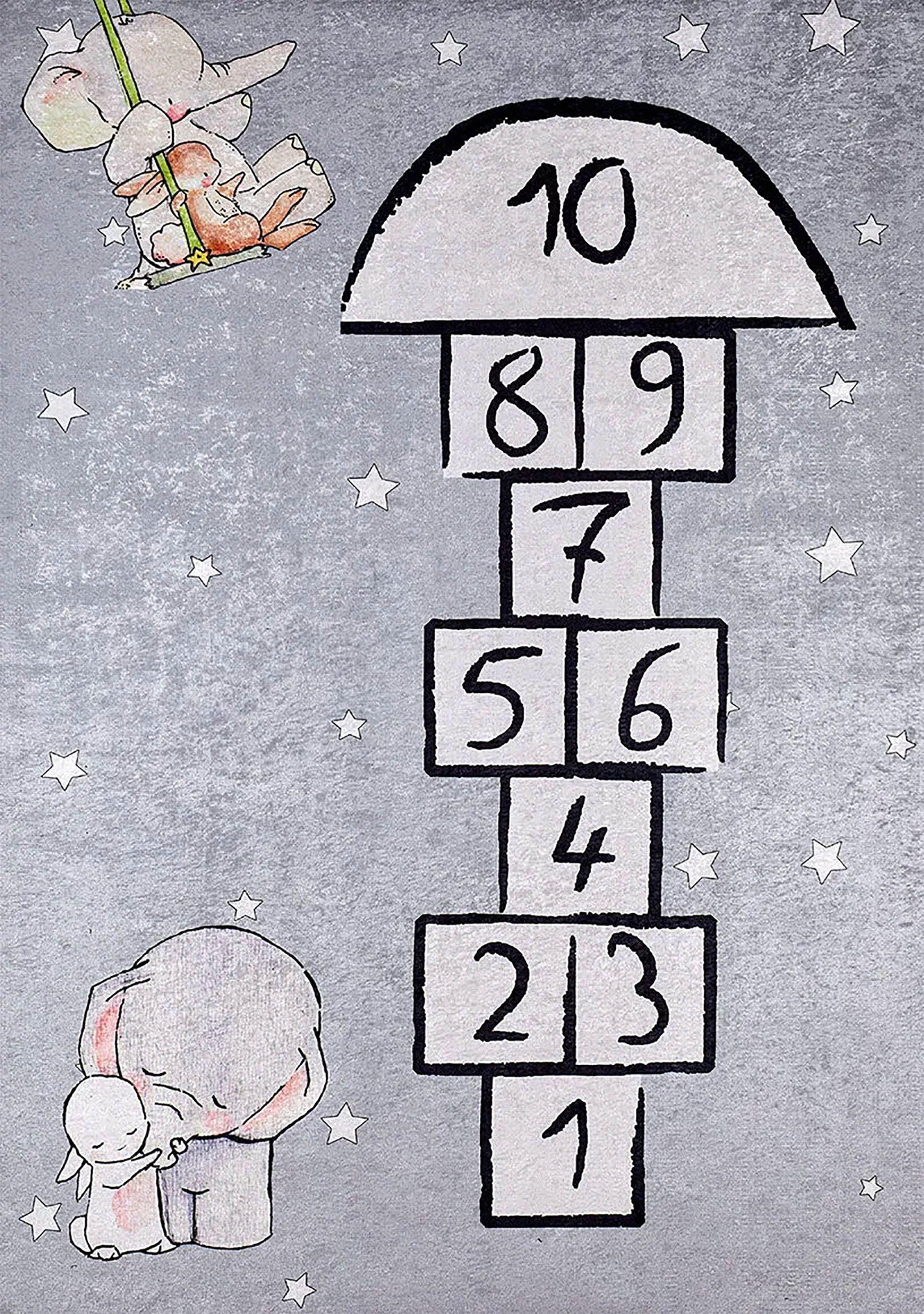 Gri Seksek Desenli Fil ve Tavşan Figürlü Çocuk Halısı-Pera Halı