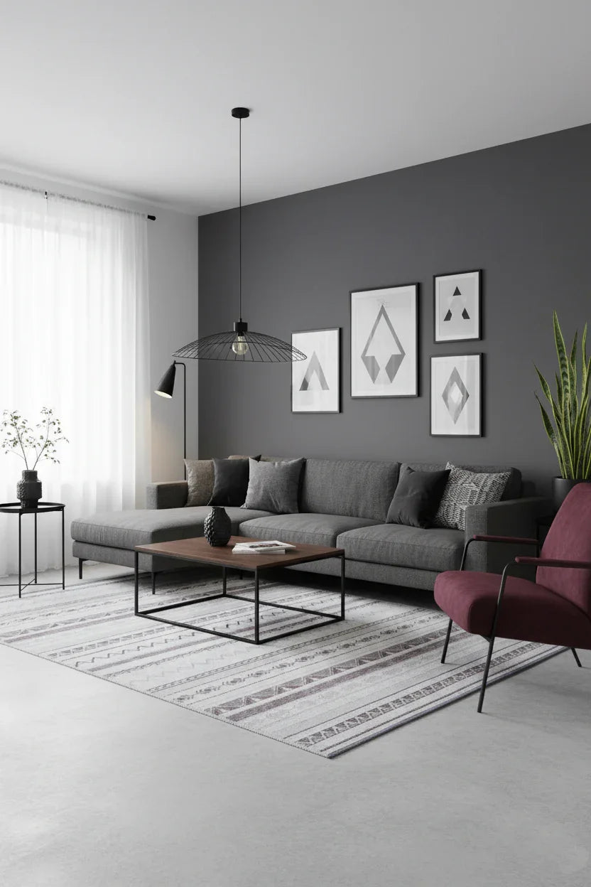 Gri Siyah Pamuk Polyester Modern İskandinav Yıkanabilir Halı-Pera Halı