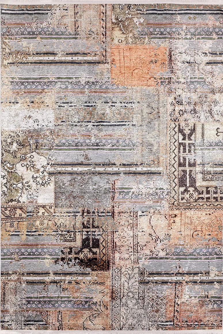 Gri Turuncu Kahve Patchwork Eskitme Halı-Pera Halı