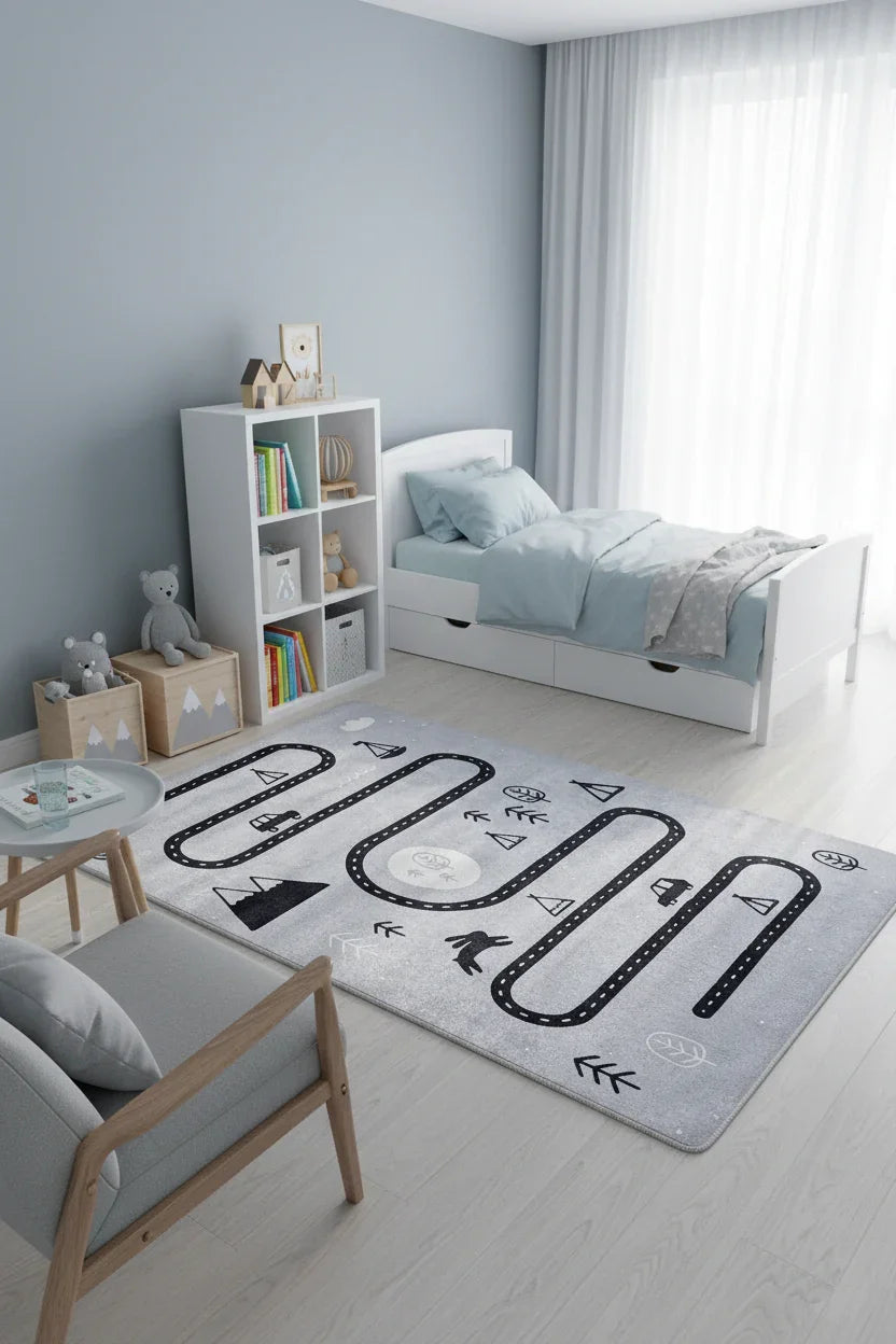 Gri Yol Haritası Desenli Çocuk Oyun Halısı-Pera Halı