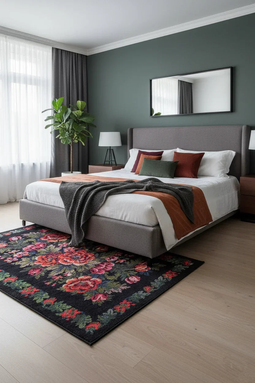 Gül Desenli Siyah Karabağ Kilim Halı-Pera Halı