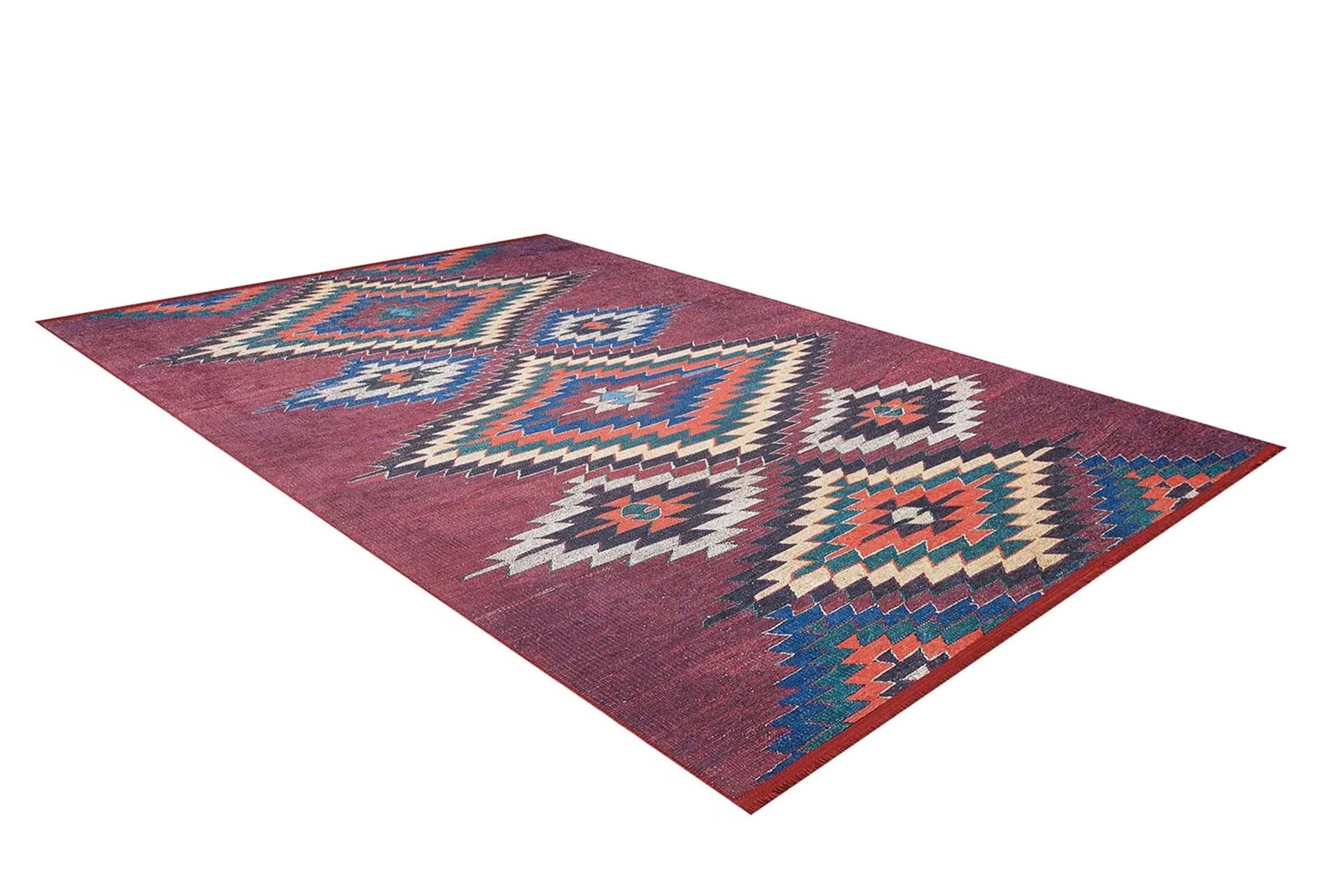 Koyu Kırmızı Geometrik Desenli Anadolu Kilim Halı - Pera Halı