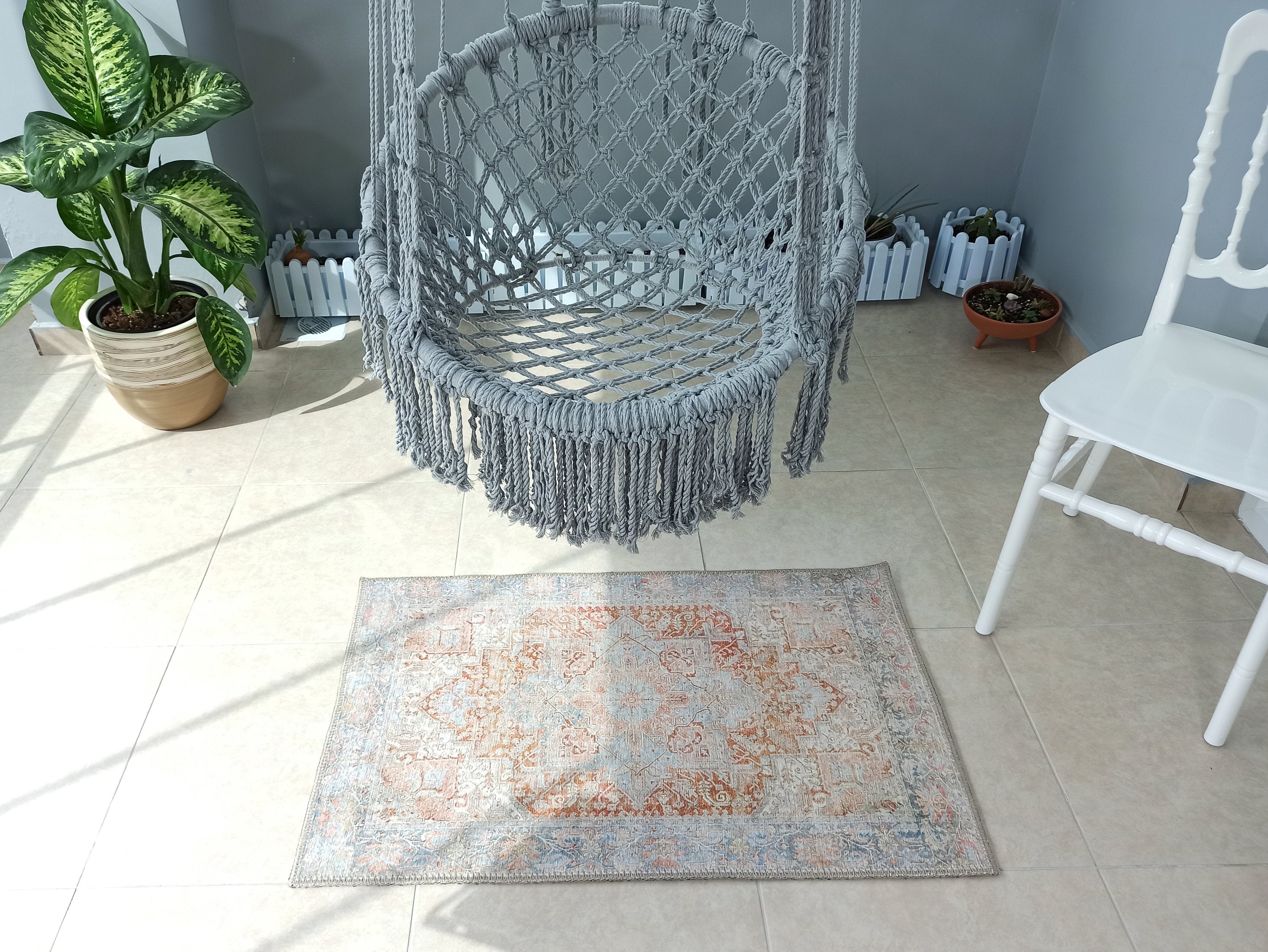 Beige and Blue Colored Aged Vintage Carpet