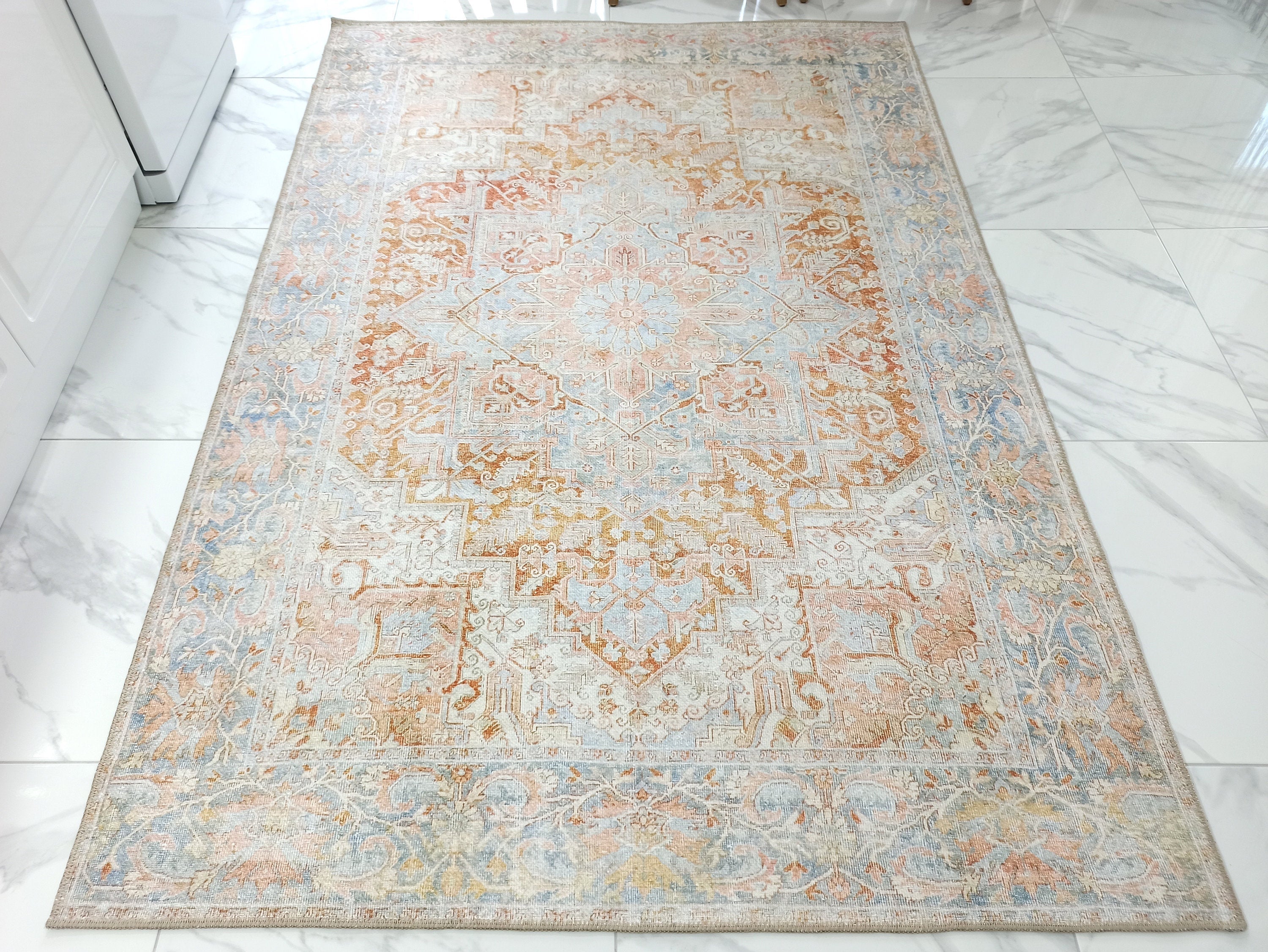 Beige and Blue Colored Aged Vintage Carpet