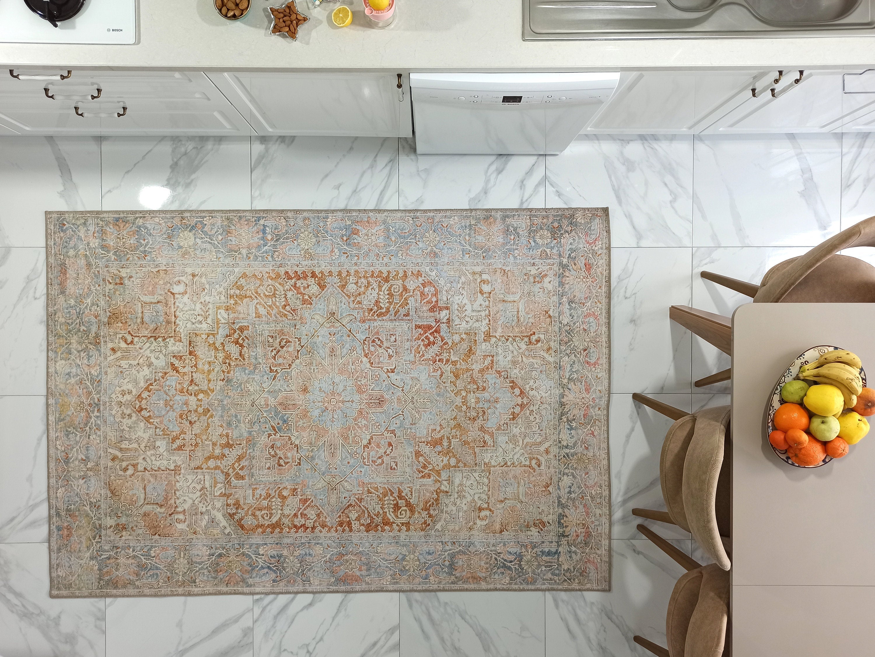 Beige and Blue Colored Aged Vintage Carpet