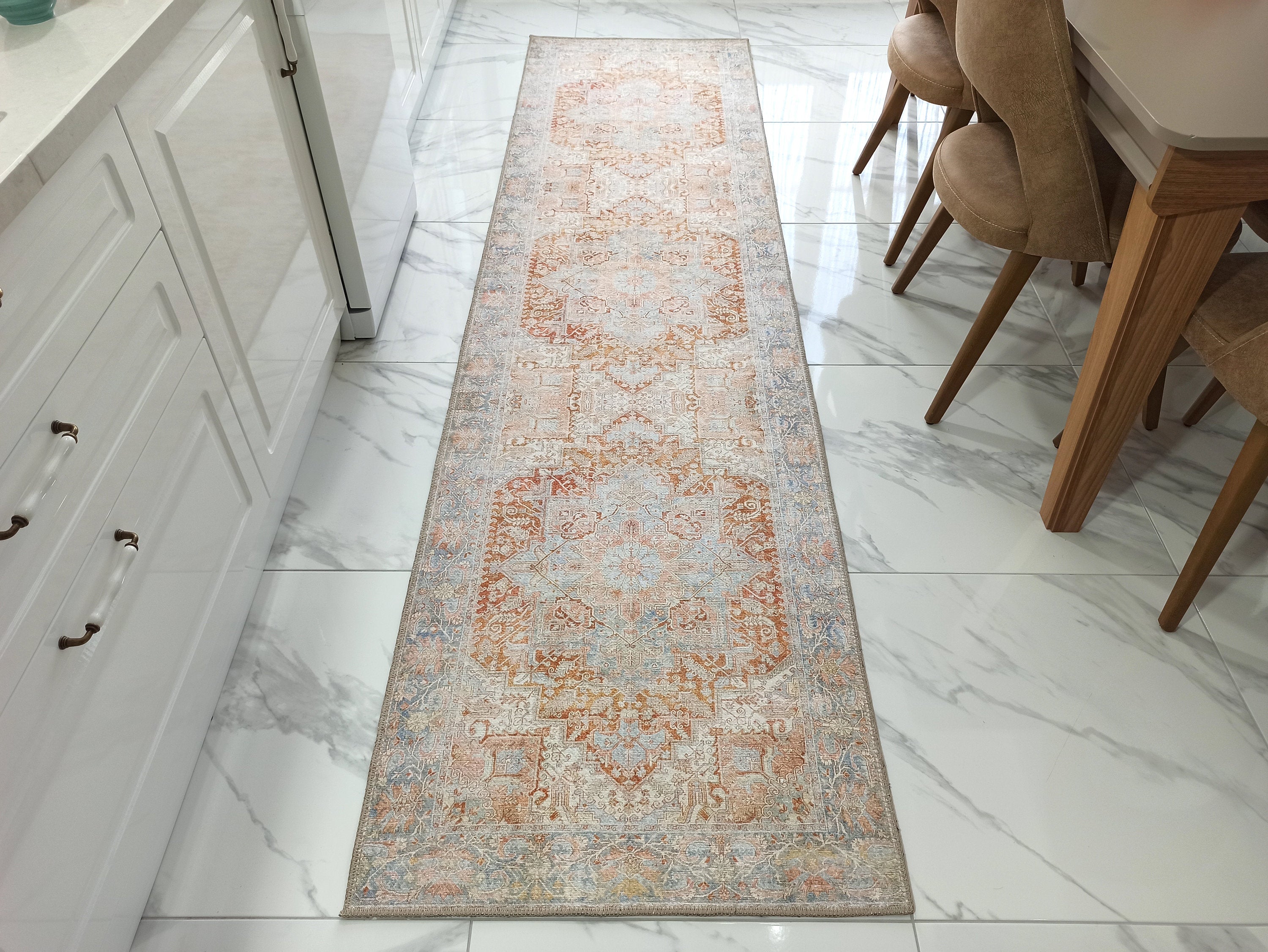 Beige and Blue Colored Aged Vintage Carpet
