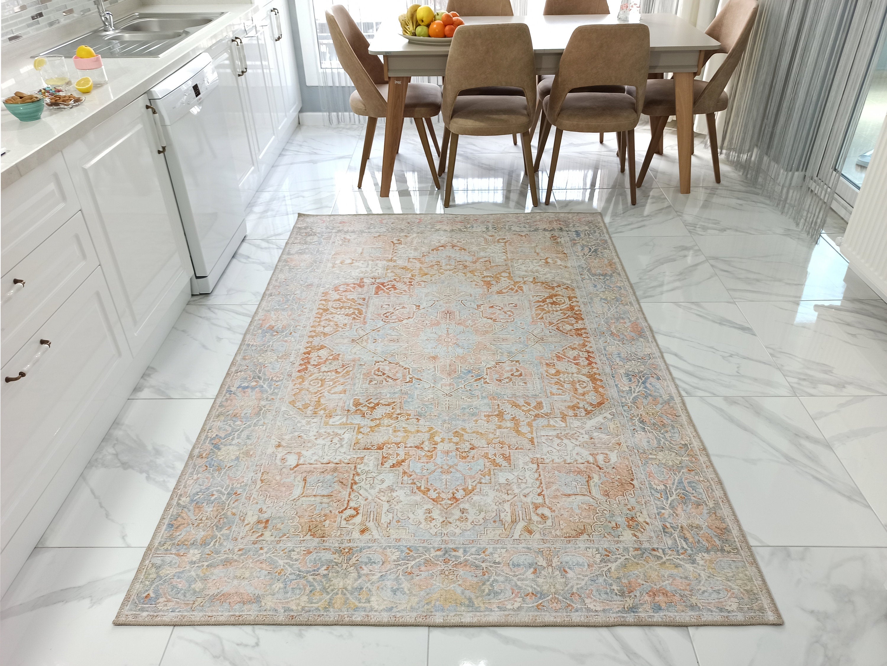Beige and Blue Colored Aged Vintage Carpet
