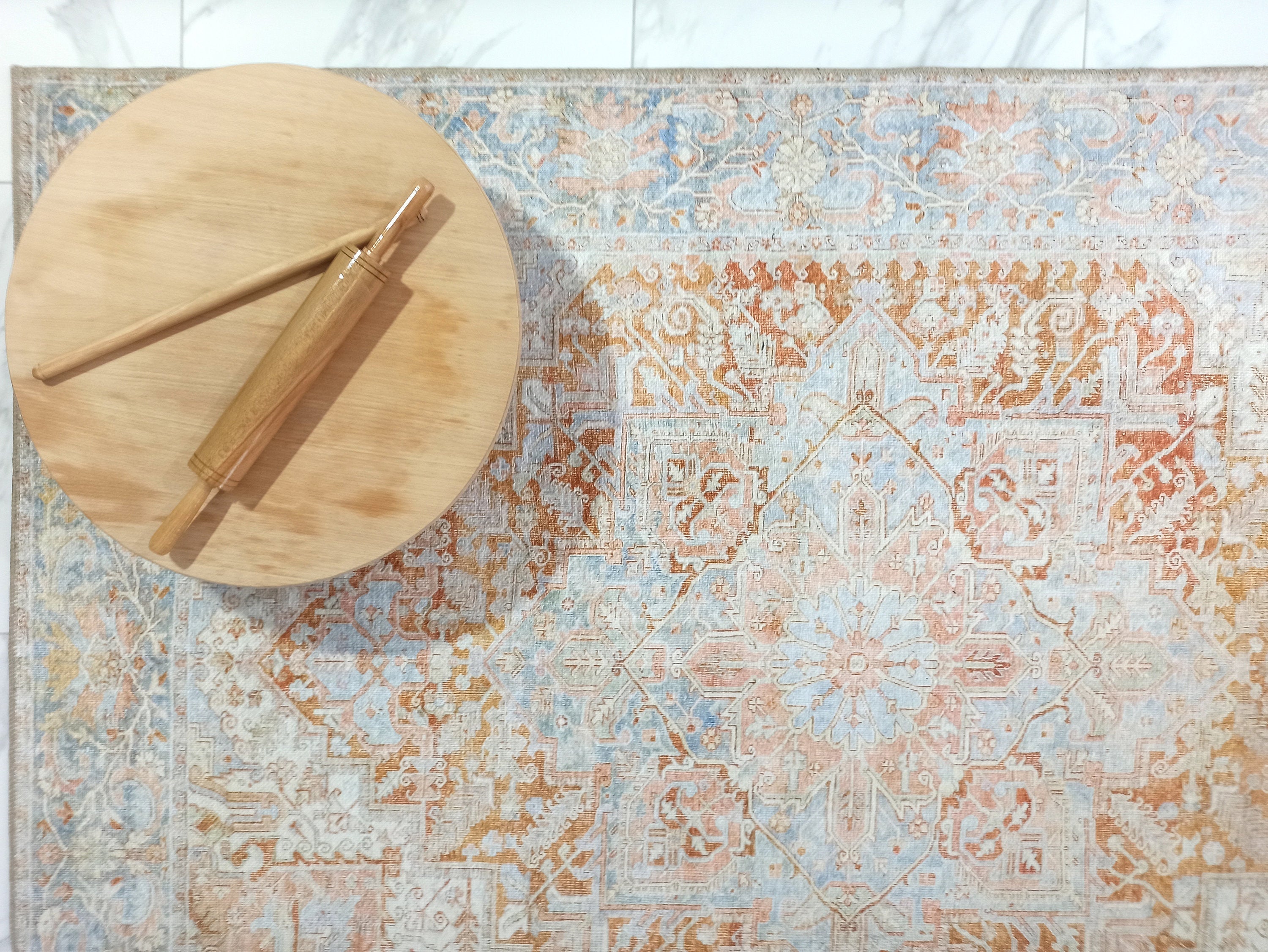 Beige and Blue Colored Aged Vintage Carpet