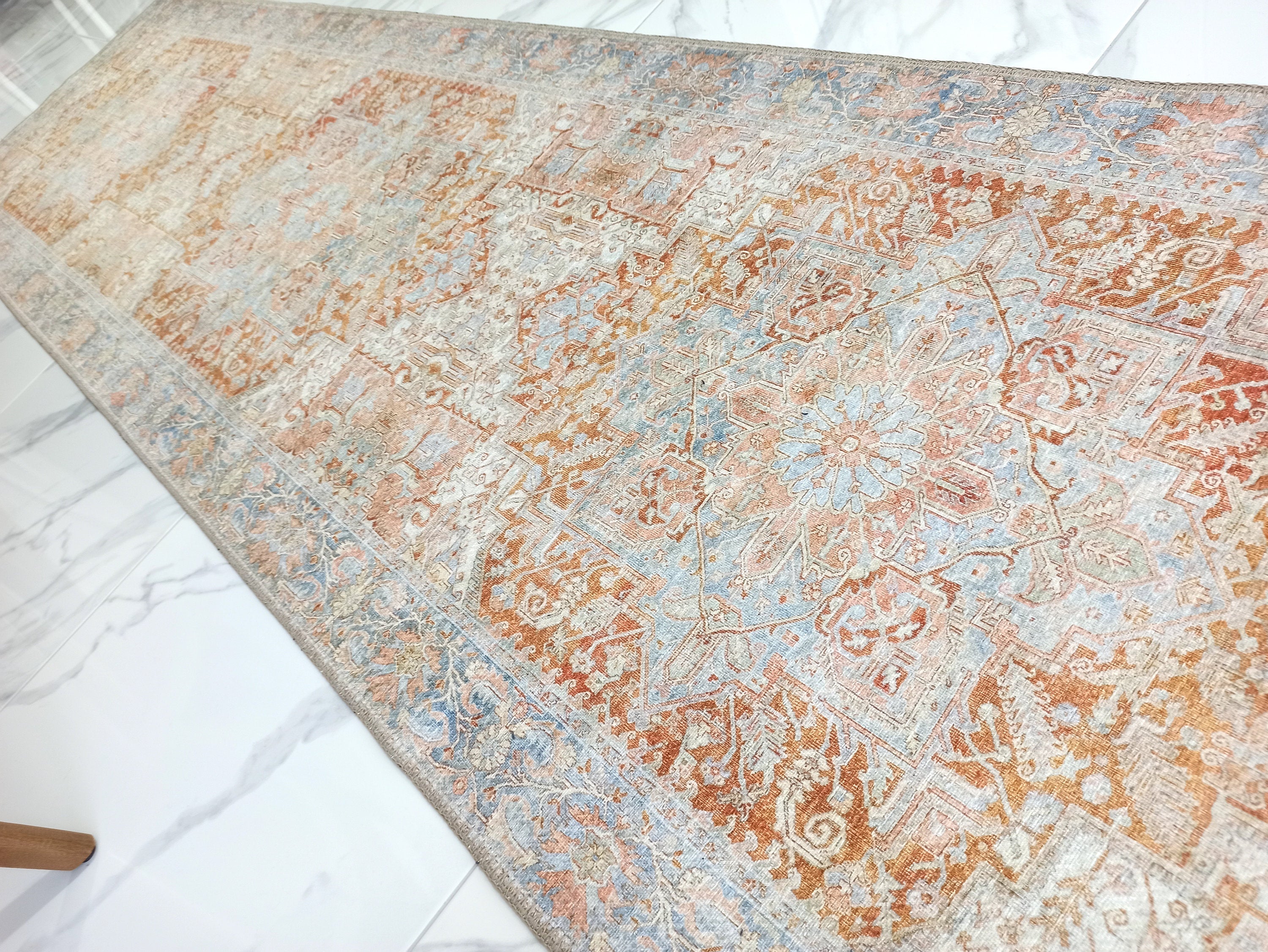 Beige and Blue Colored Aged Vintage Carpet