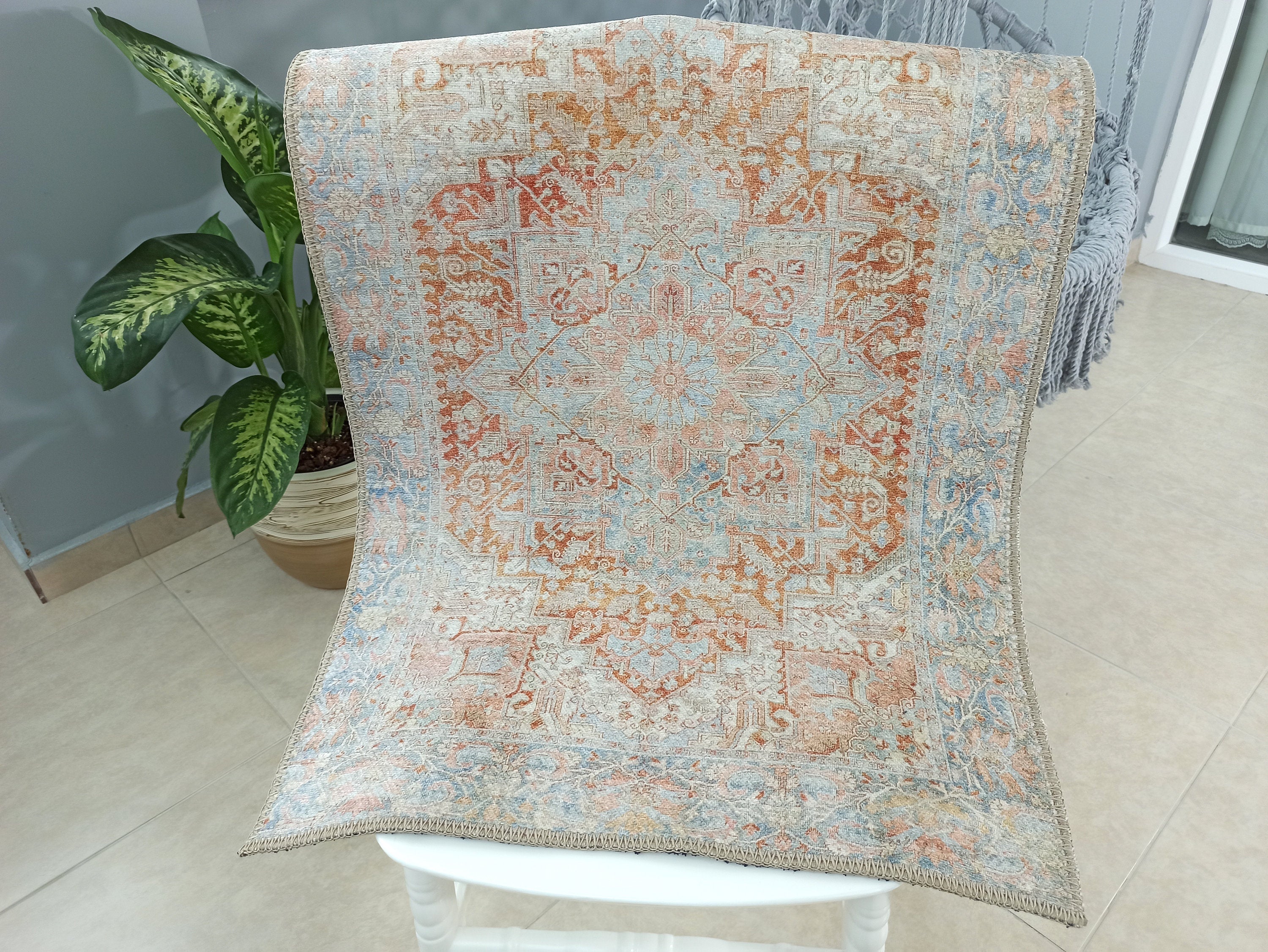 Beige and Blue Colored Aged Vintage Carpet