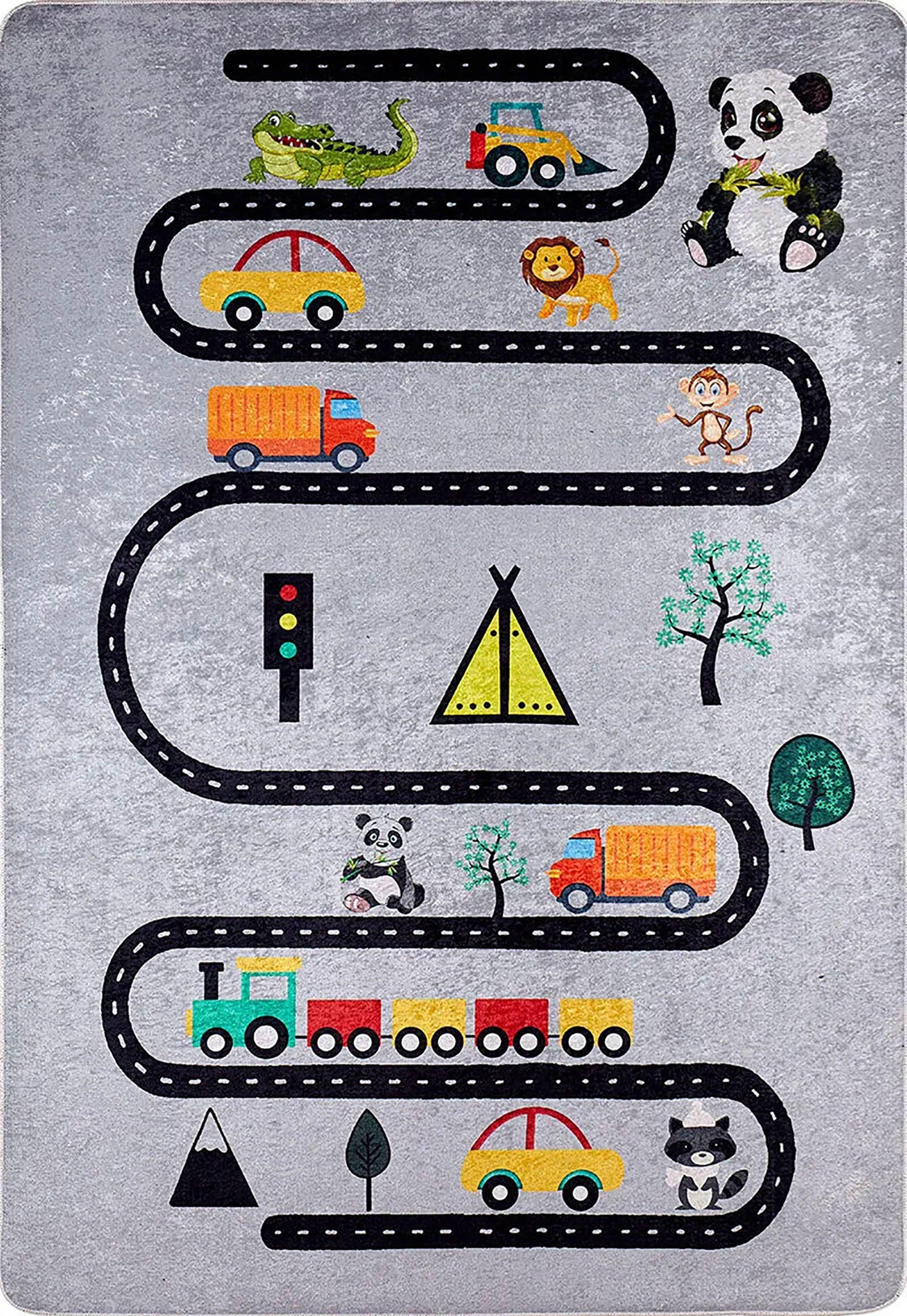 Hayvanlı Yol Haritası Gri Çocuk Halısı-Pera Halı