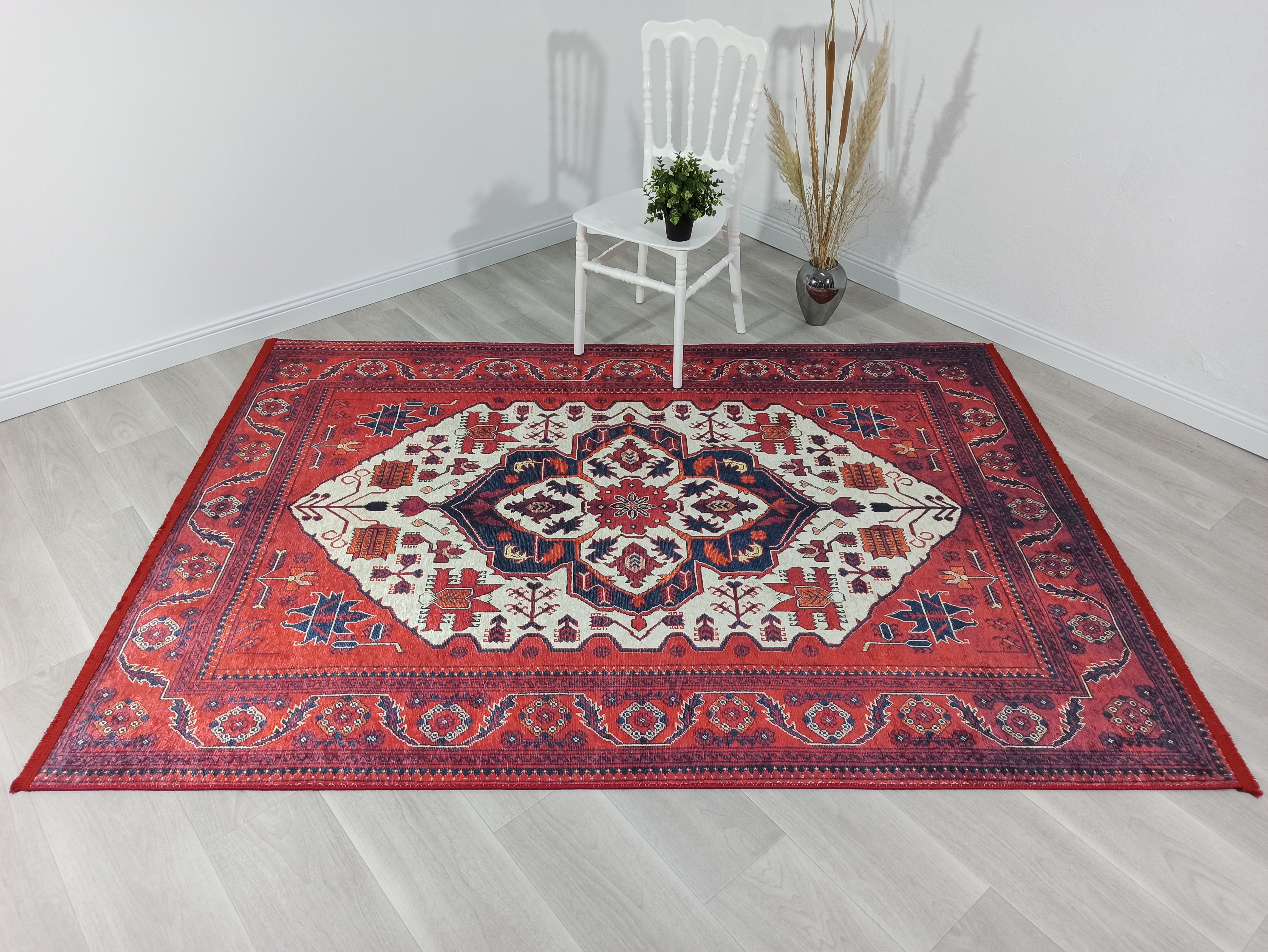 Red Beige Geometric Patterned Anatolian Kilim Carpet