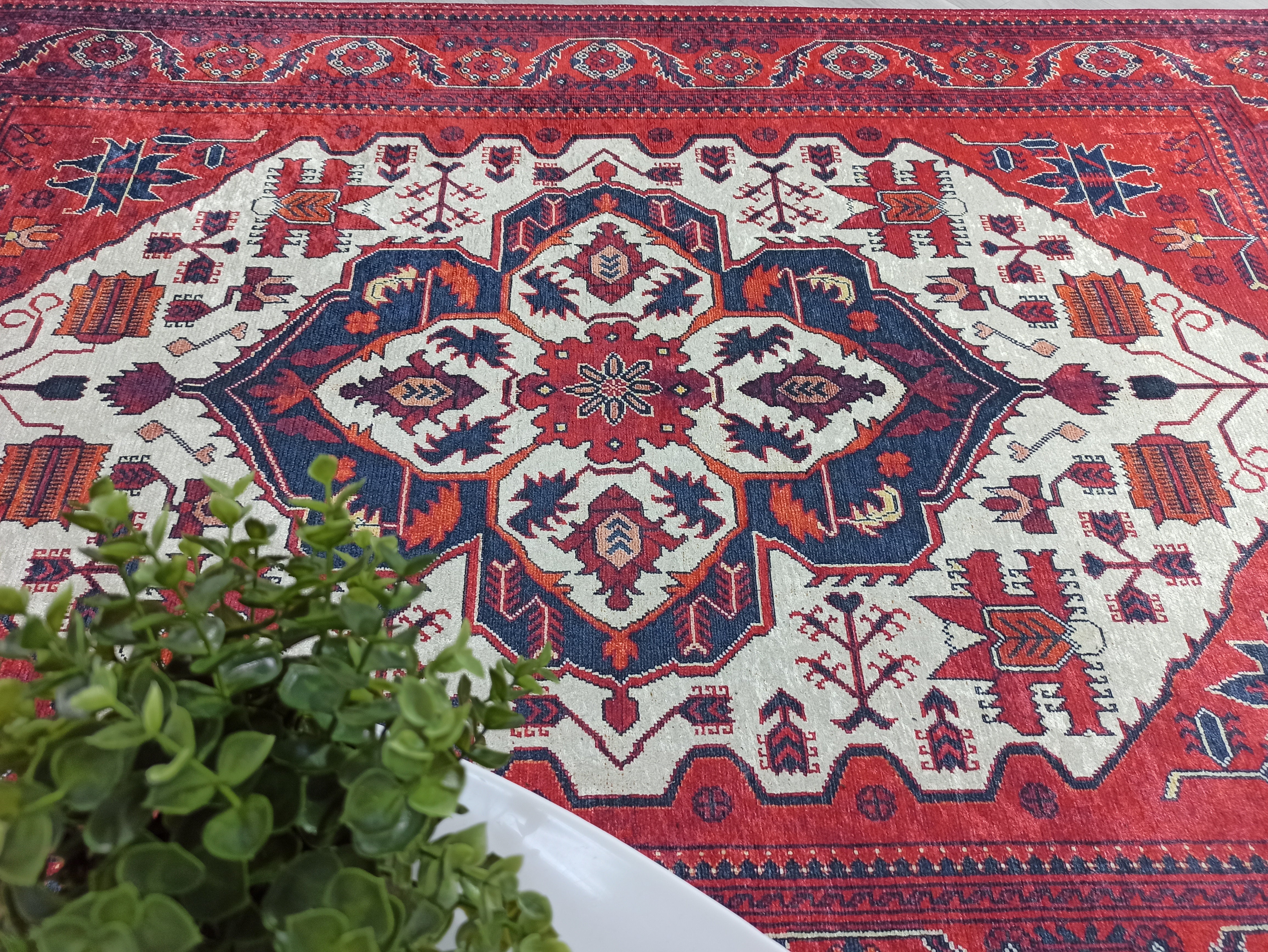 Red Beige Geometric Patterned Anatolian Kilim Carpet