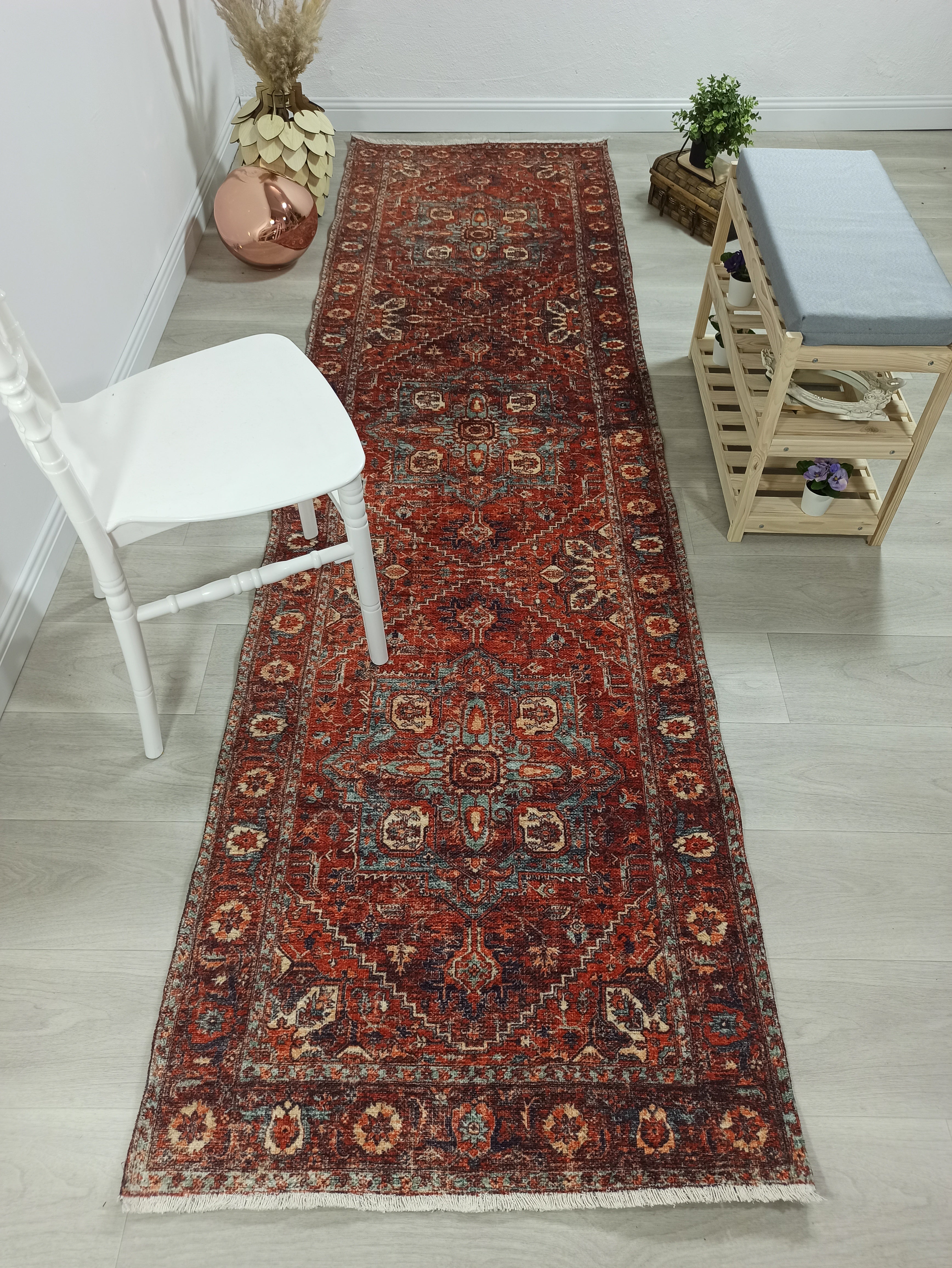 Kiremit ve Lacivert Medalyonlu Vintage Yolluk