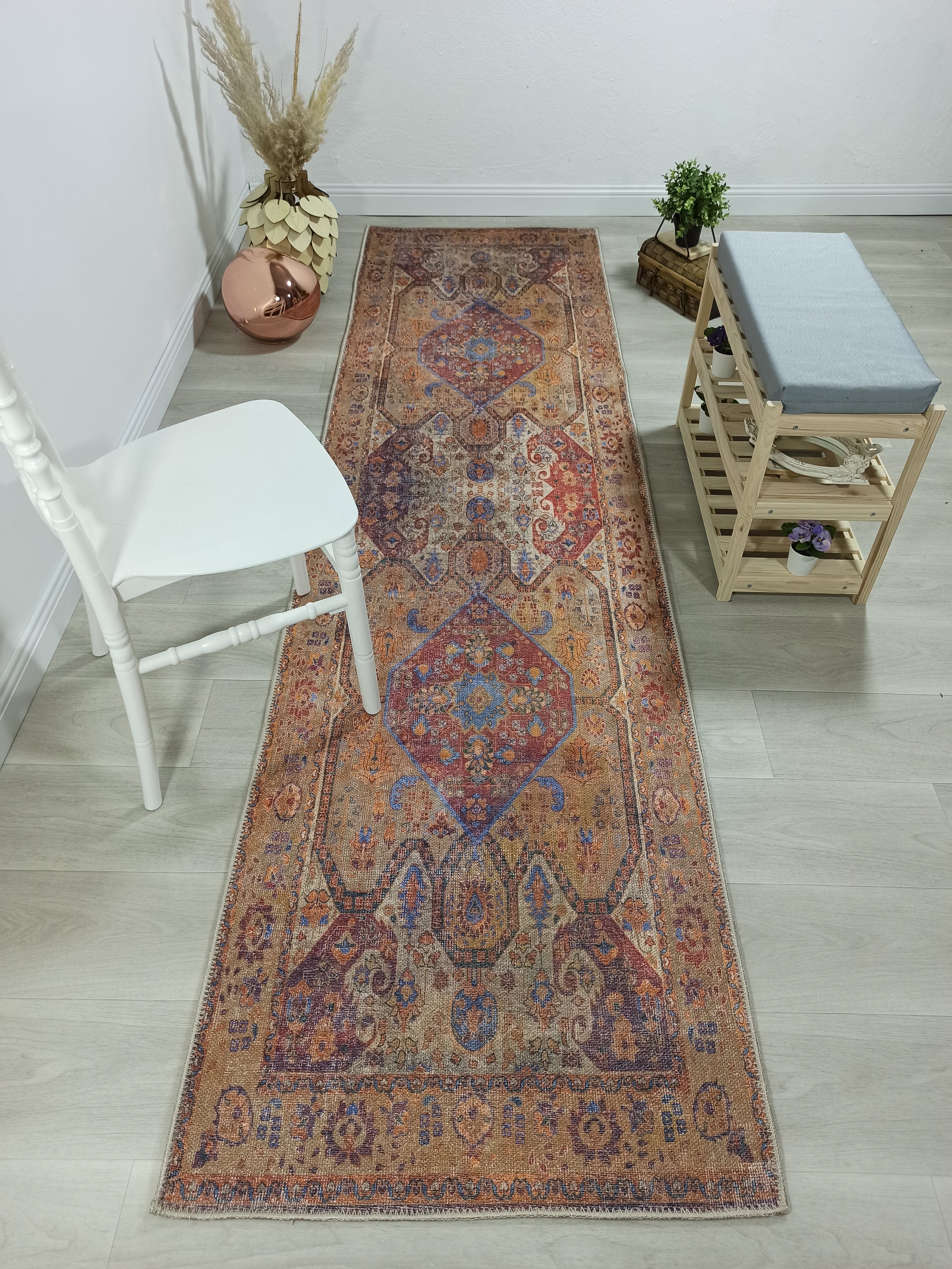 Turuncu ve Mavi Medalyonlu Vintage Yolluk