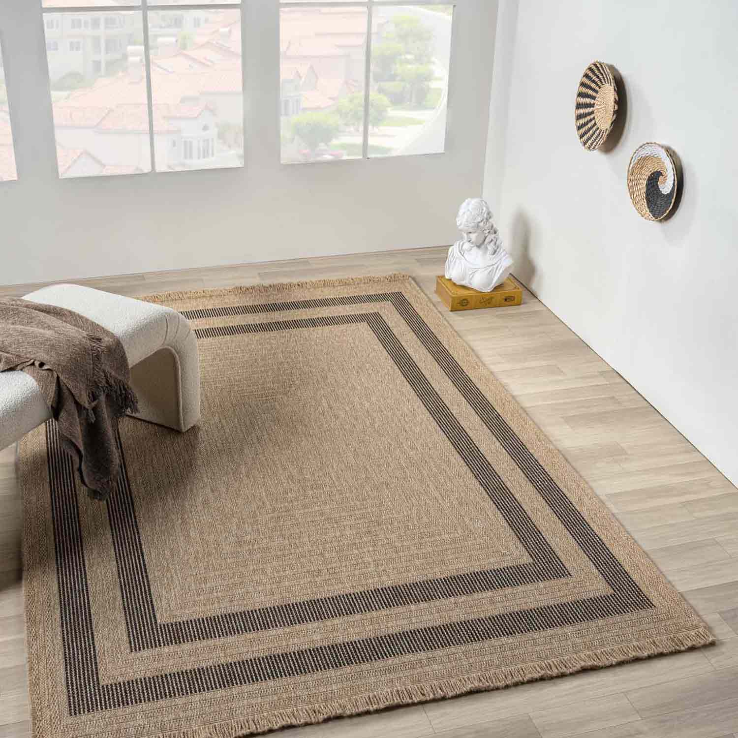 Bej Siyah Dikdörtgen Desenli Modern Halı