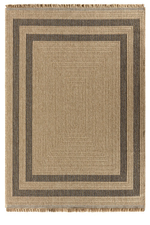 Bej Siyah Dikdörtgen Desenli Modern Halı