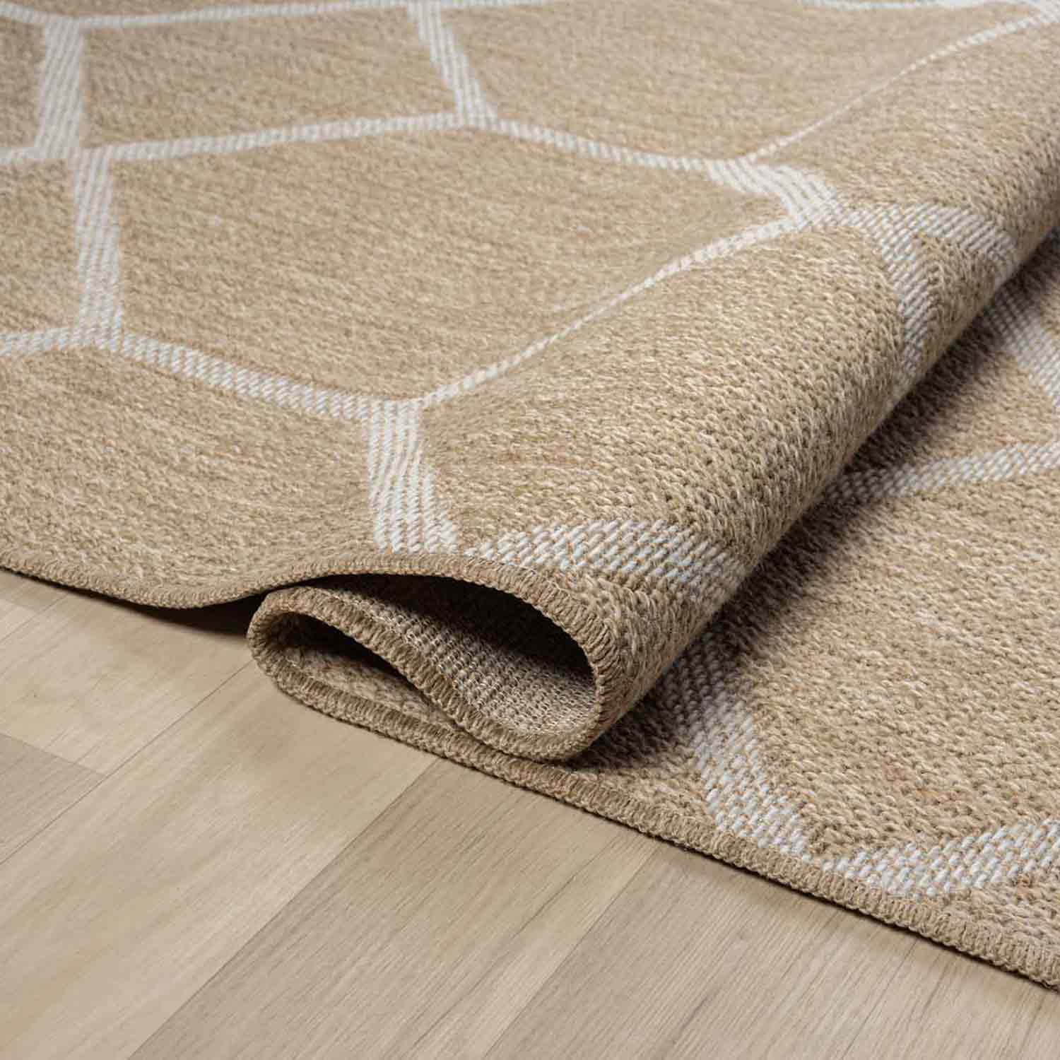 Bej Beyaz Altıgen Geometrik Modern Jüt Görünümlü Halı