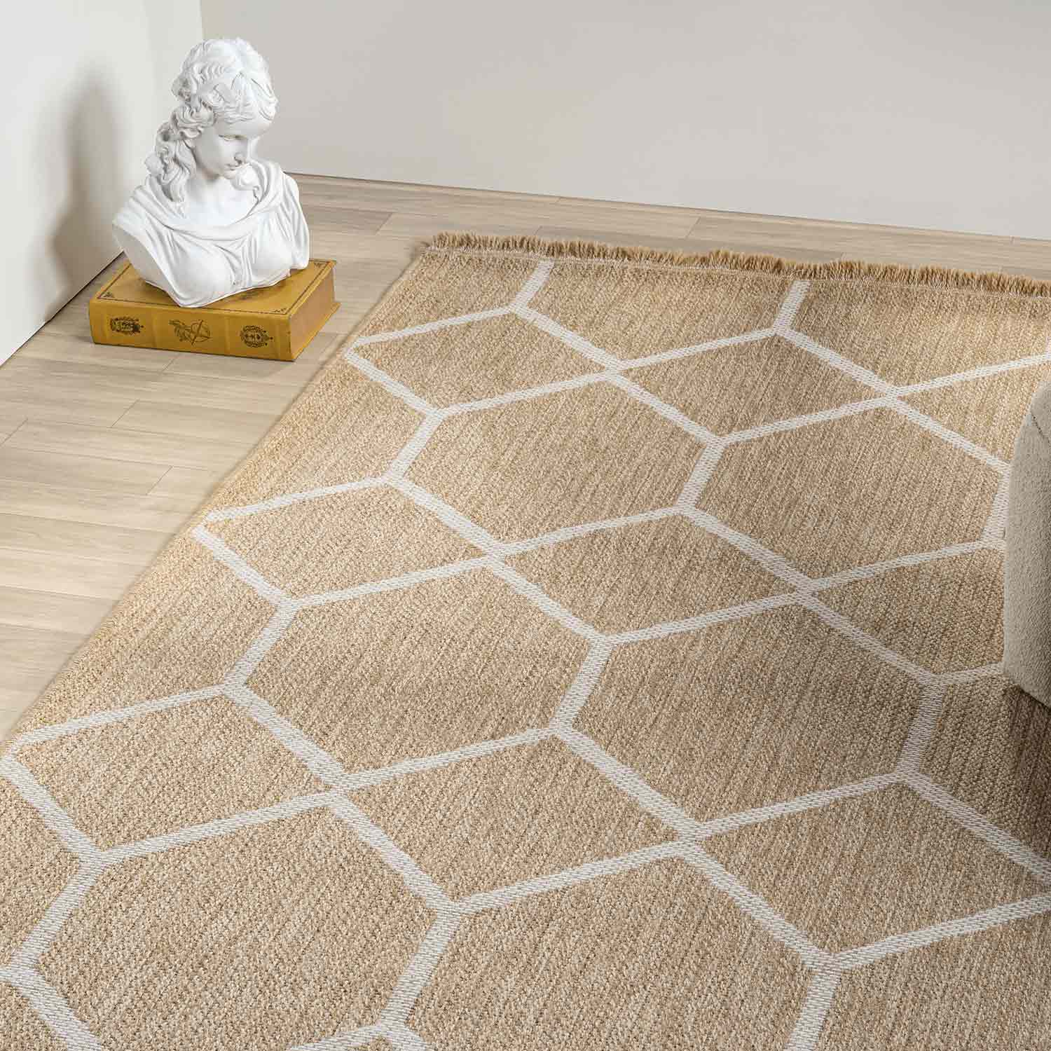 Bej Beyaz Altıgen Geometrik Modern Jüt Görünümlü Halı