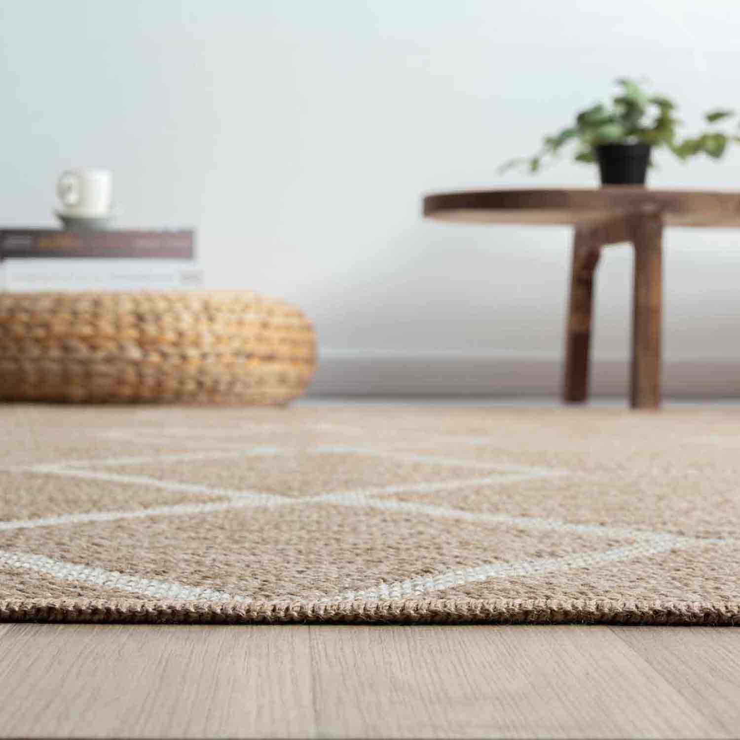 Bej Beyaz Altıgen Geometrik Modern Jüt Görünümlü Halı