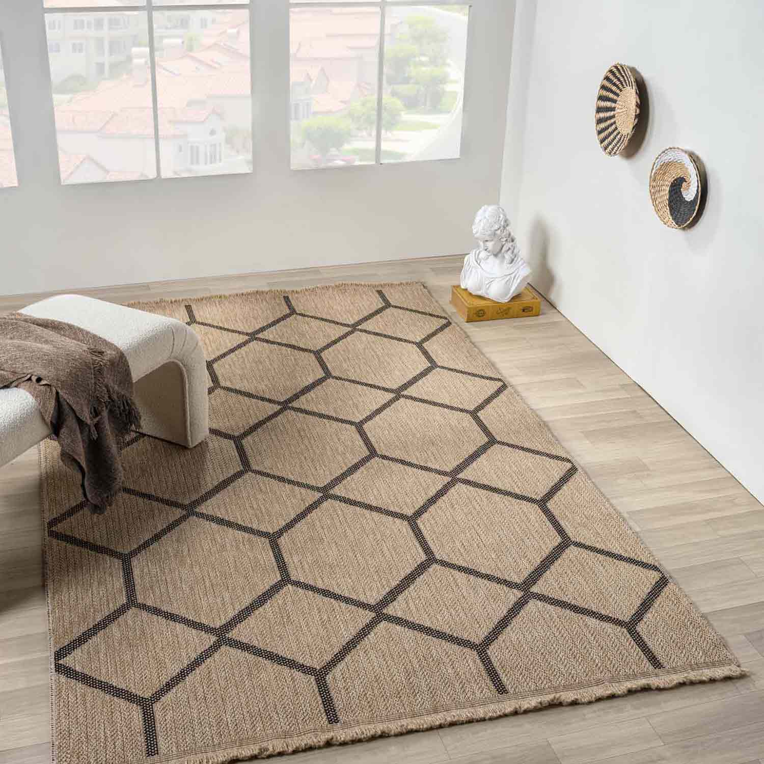 Siyah Bej Altıgen Geometrik Modern Jüt Görünümlü Halı