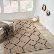 Siyah Bej Altıgen Geometrik Modern Jüt Görünümlü Halı