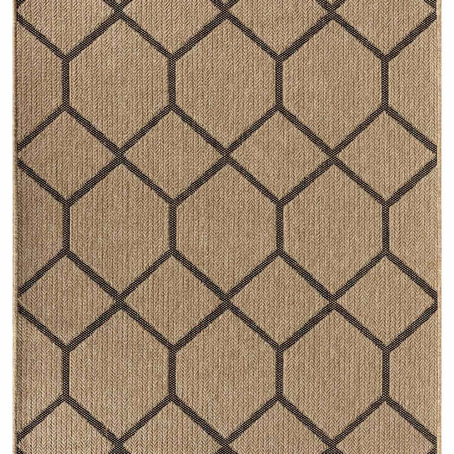 Siyah Bej Altıgen Geometrik Modern Jüt Görünümlü Halı