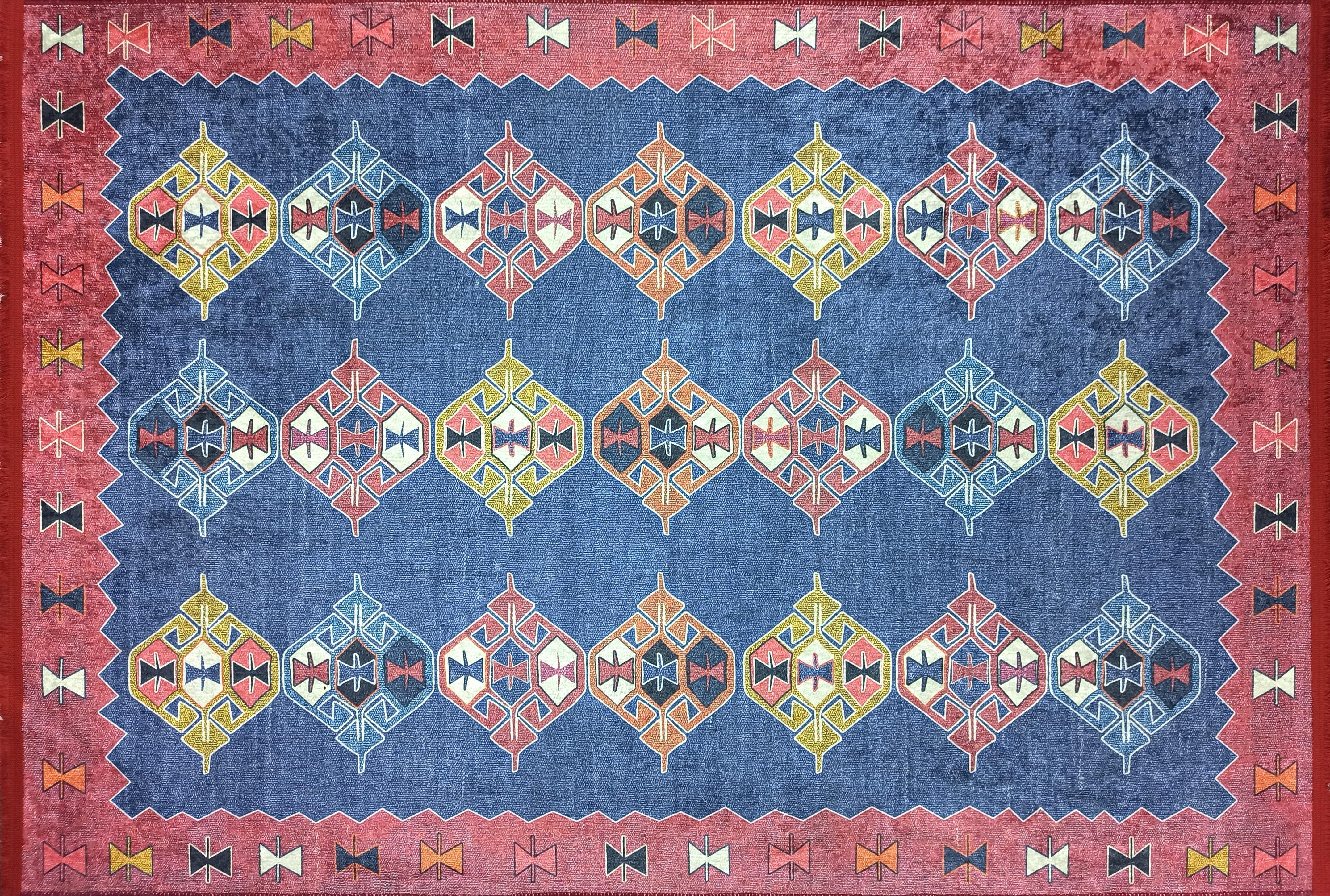 İran Etnik Desenli Mavi Kırmızı Halı-Pera Halı