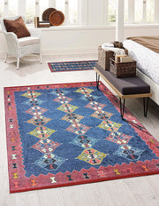 İran Etnik Desenli Mavi Kırmızı Halı-Pera Halı