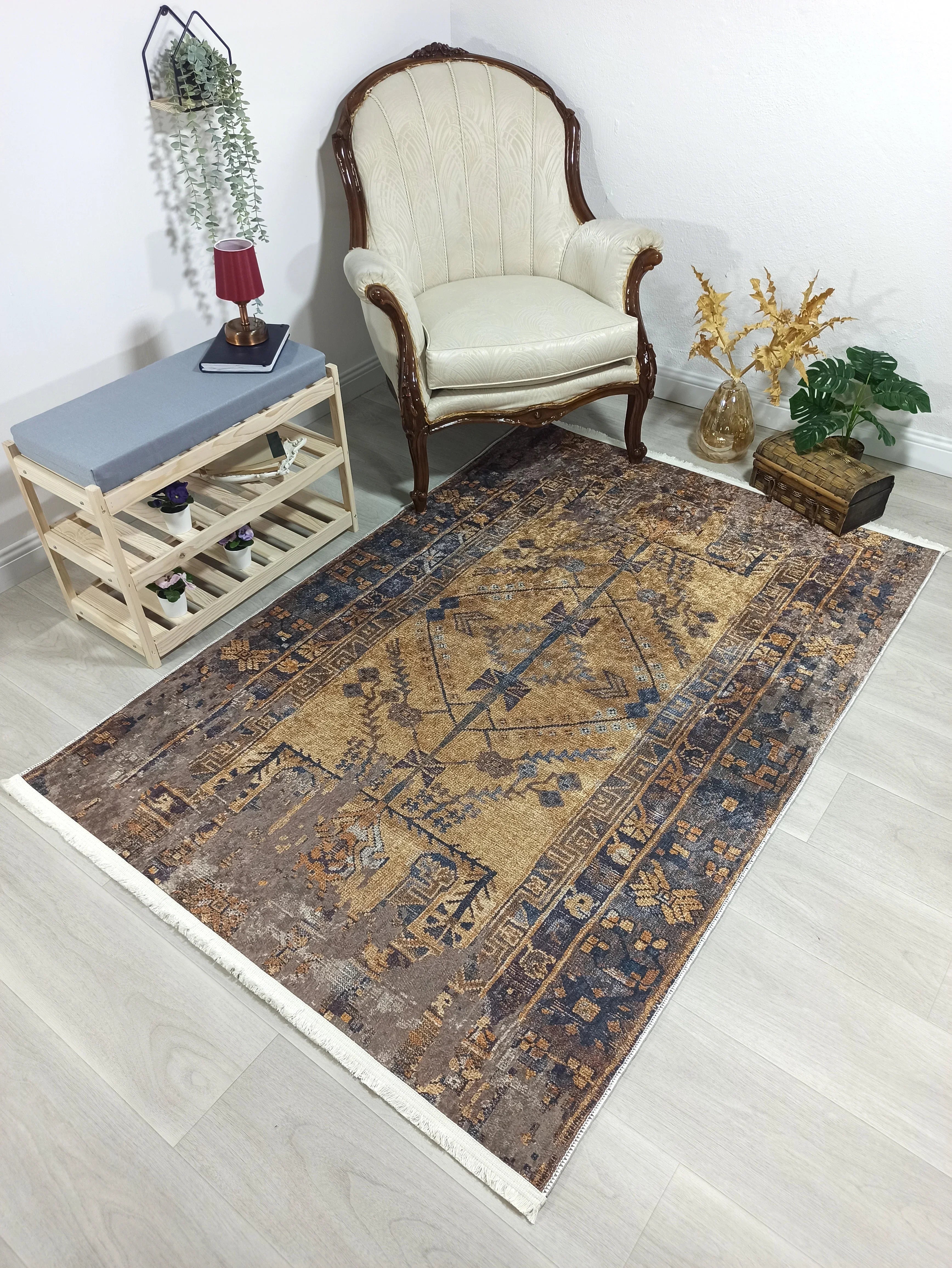 İran Kahverengi Sarı Vintage Yazlık Halı-Pera Halı