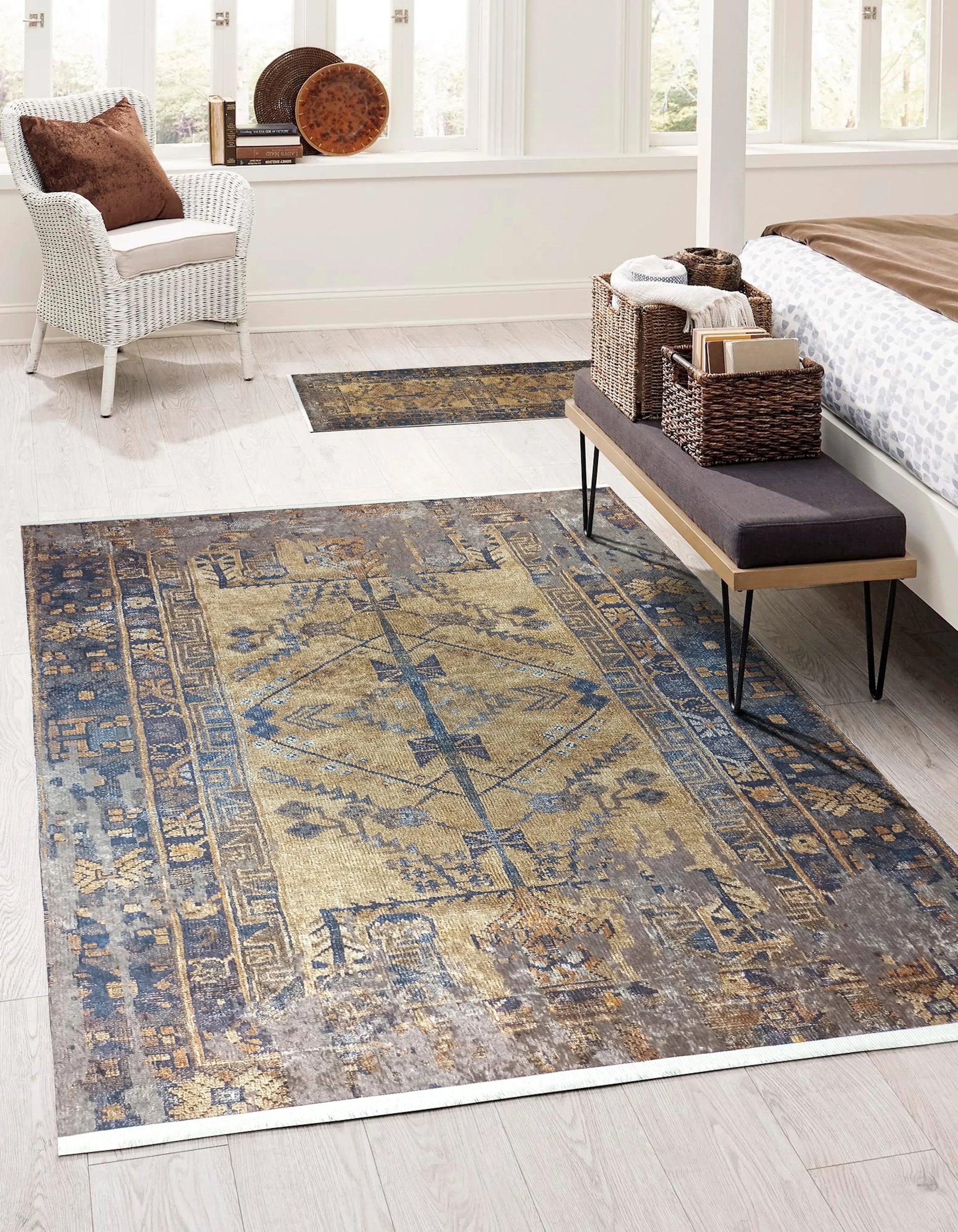 İran Kahverengi Sarı Vintage Yazlık Halı-Pera Halı