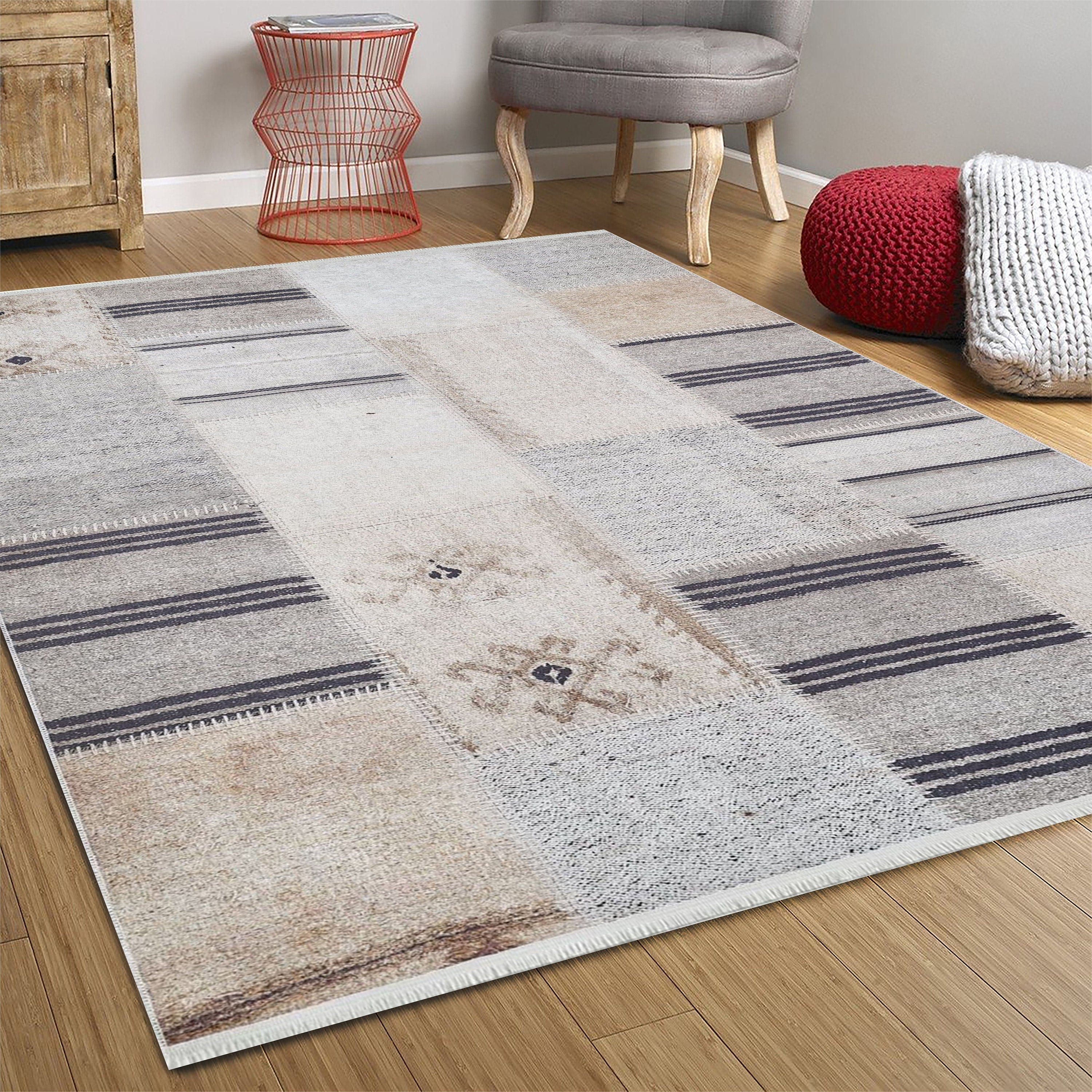 Geometrik Desenli Vintage Bej Siyah Kilim Halı - Pera Halı