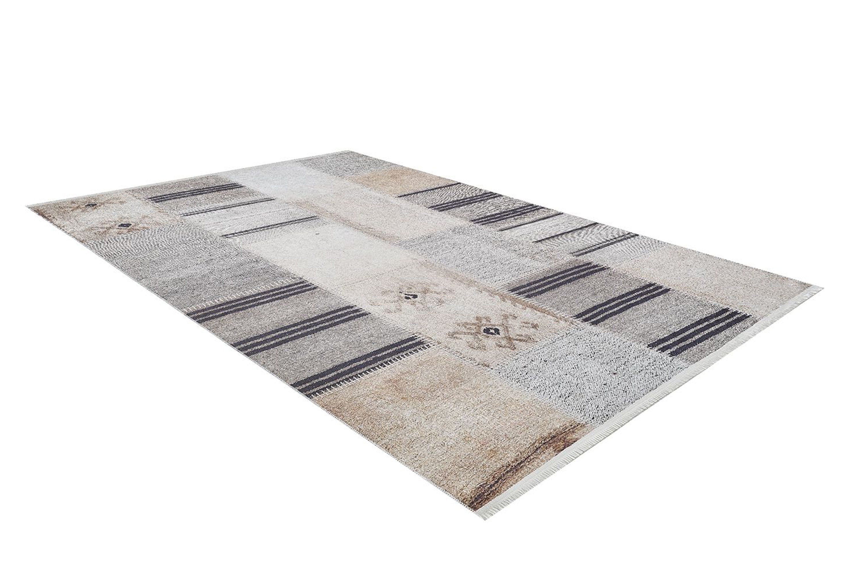 Geometrik Desenli Vintage Bej Siyah Kilim Halı - Pera Halı