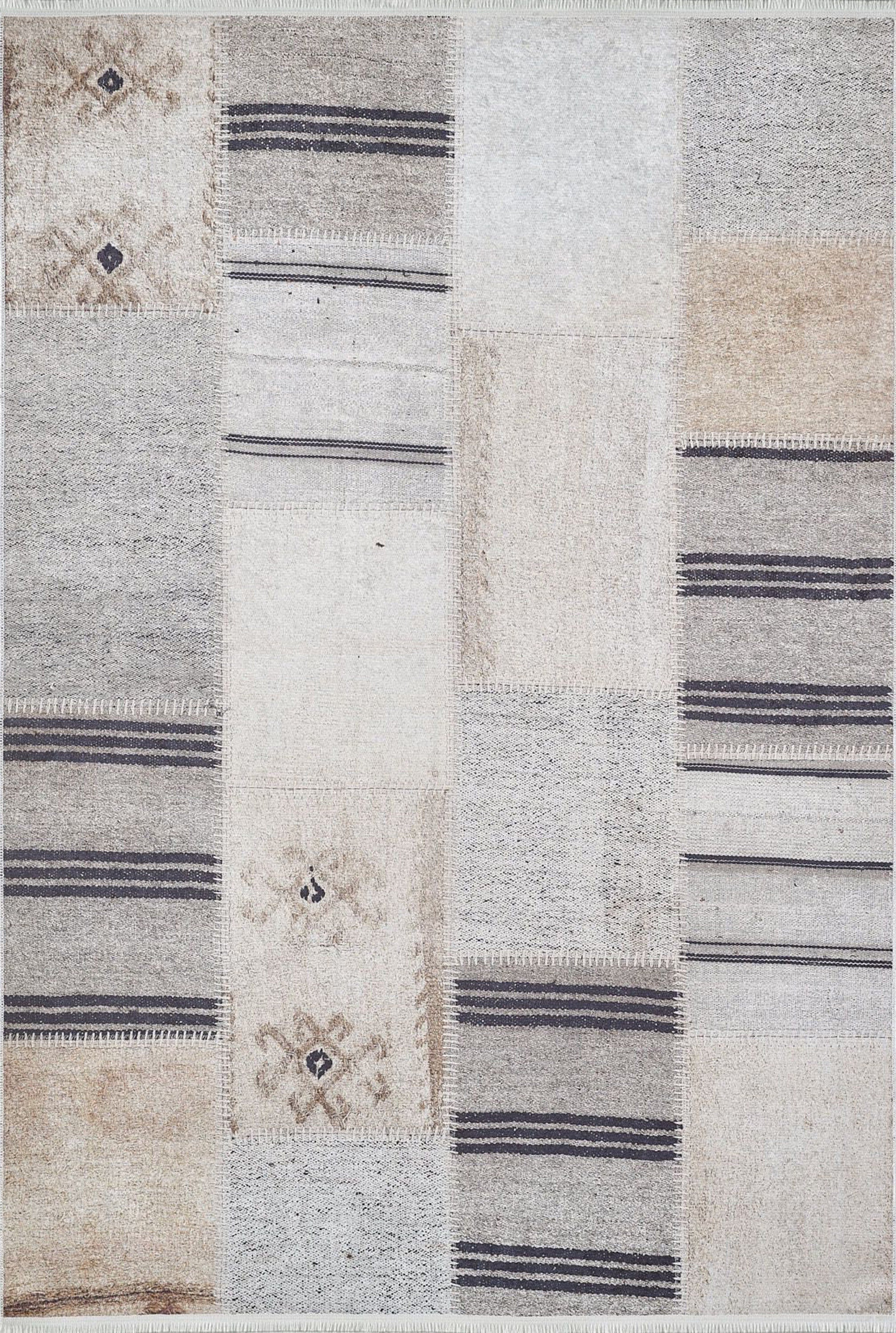 Geometrik Desenli Vintage Bej Siyah Kilim Halı - Pera Halı