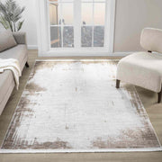 Kahve Bej Eskitme Bordürlü Soyut Modern Halı-Pera Halı