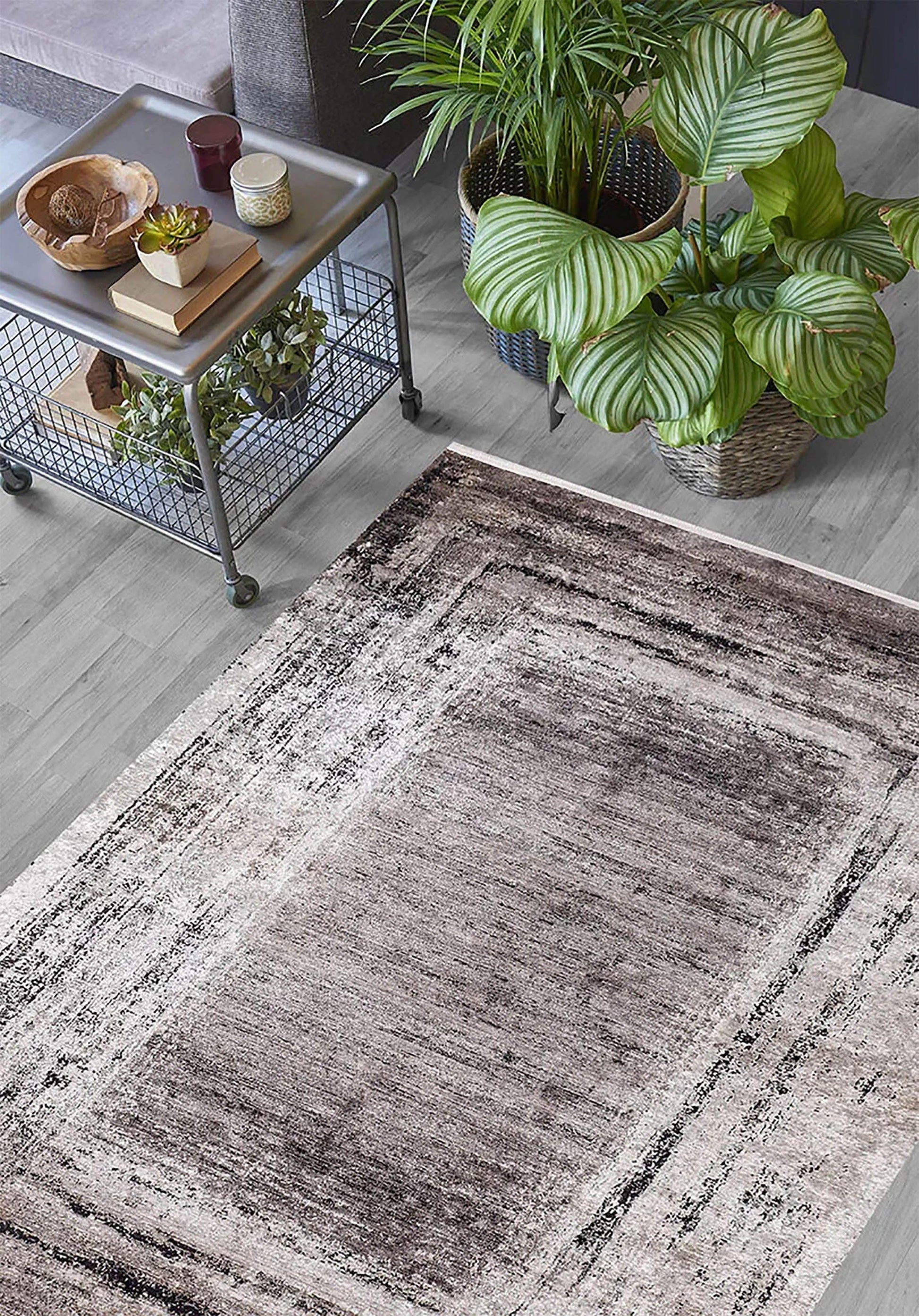 Kahve Bej Eskitme Dikdörtgen Desen Halı-Pera Halı