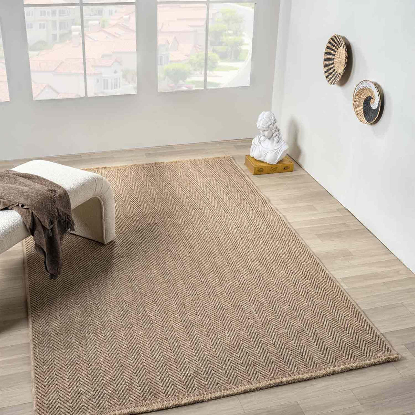 Kahve Bej Kılçık Desenli Modern Jüt Halı