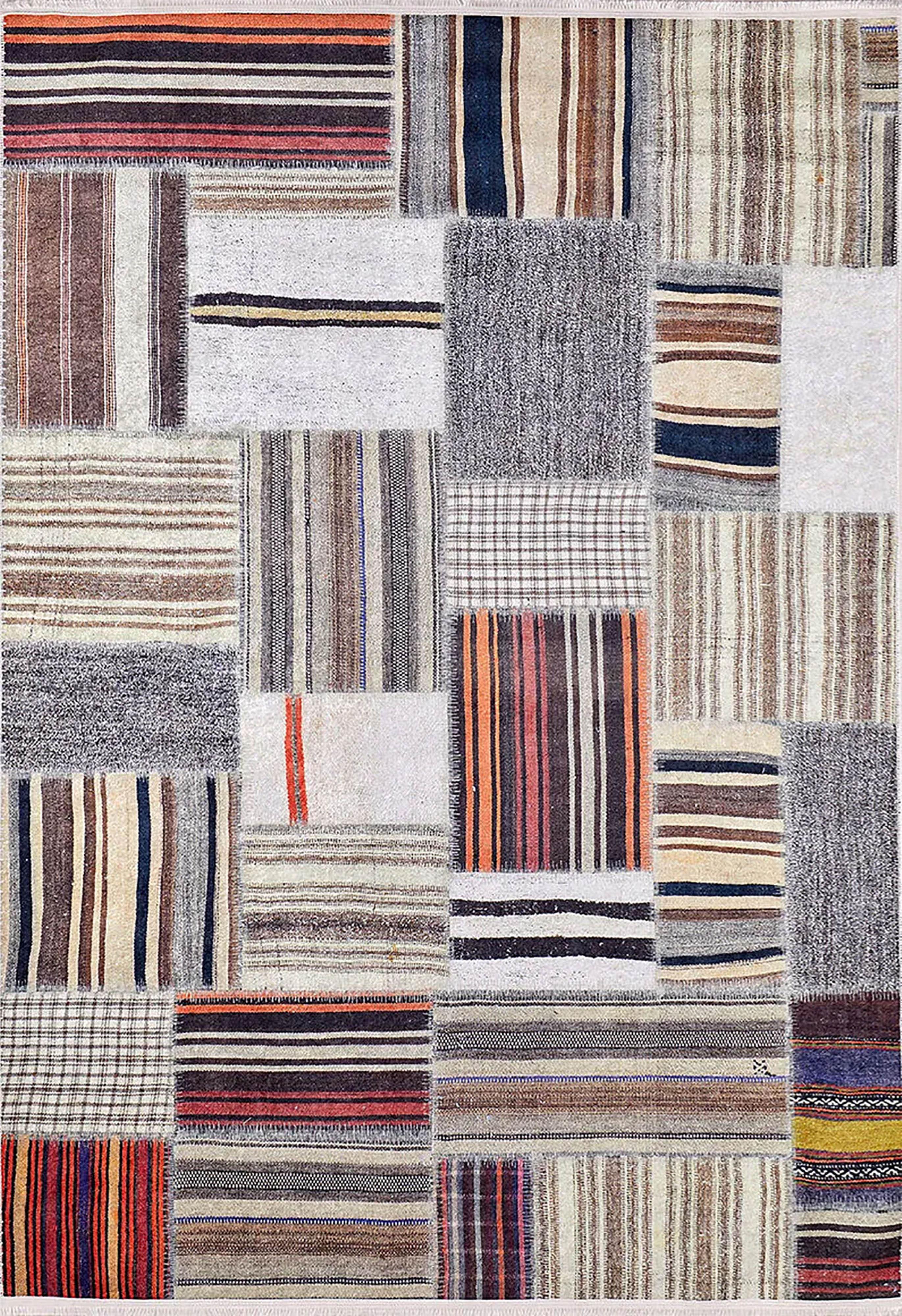 Kahve Bej Patchwork Otantik Şeritli Bohem Kilim Halısı-Pera Halı