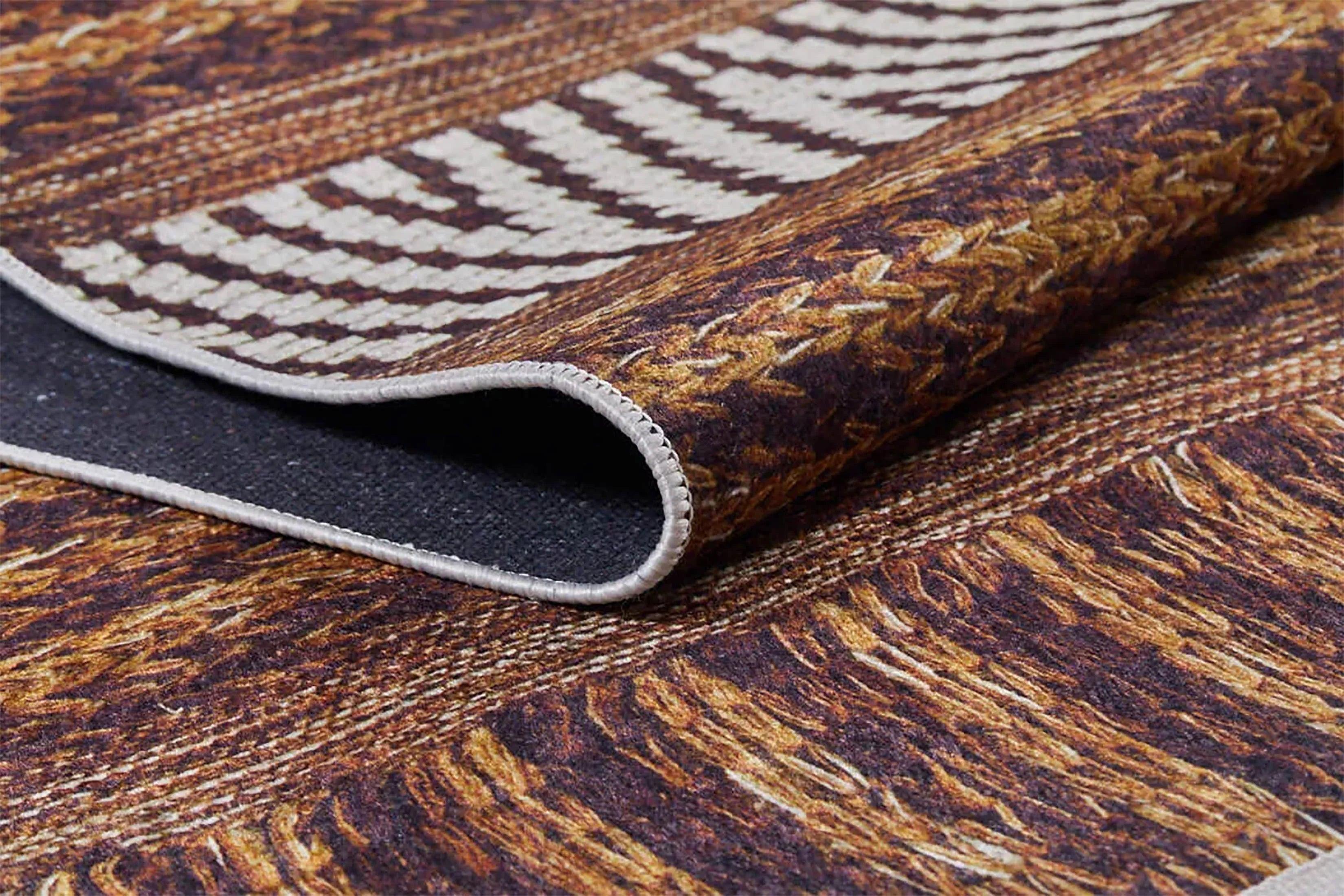 Kahverengi Rustik Etnik Bohem Geometrik Desenli Dokuma Halı-Pera Halı