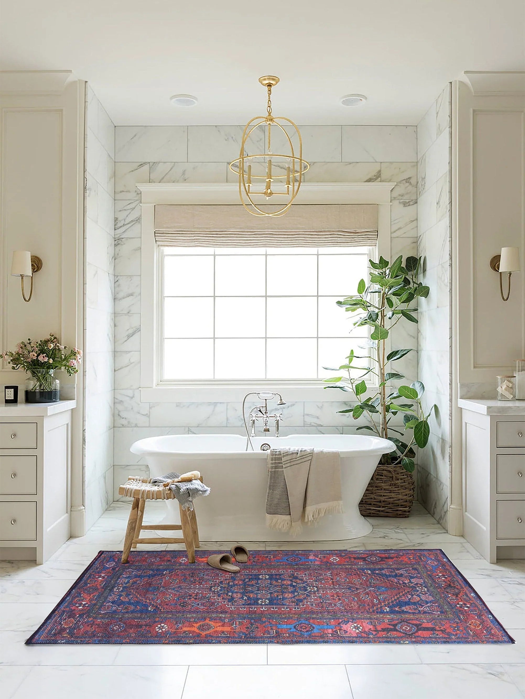 Kahverengi, Turuncu ve Lacivert Motifli Vintage Halı-Pera Halı