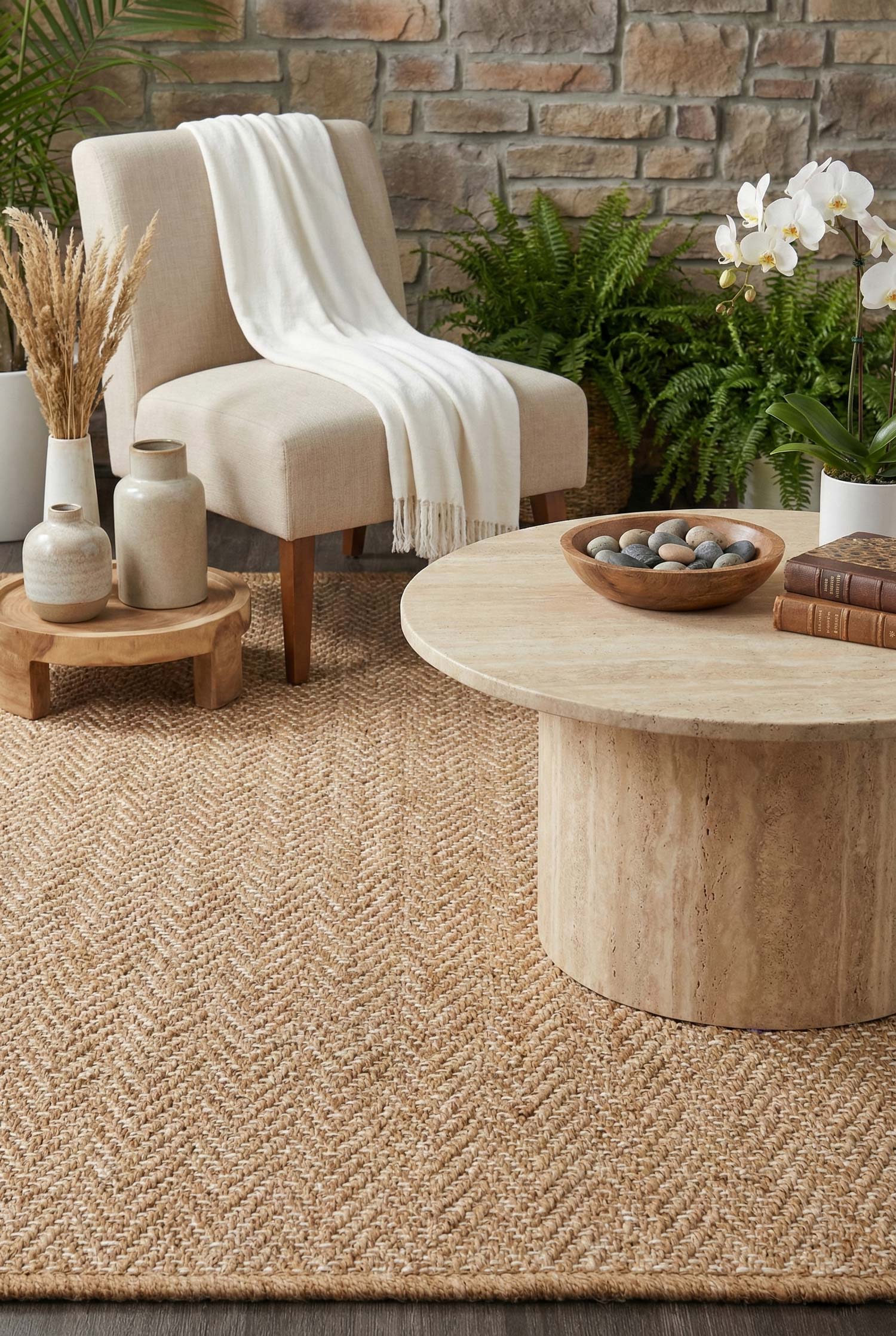 Kahve ve Beyaz Küçük Zikzak Sisal Halı