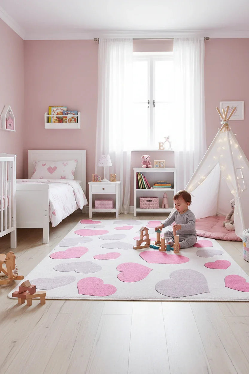 Kalp Desenli Pembe Çocuk Halısı-Pera Halı