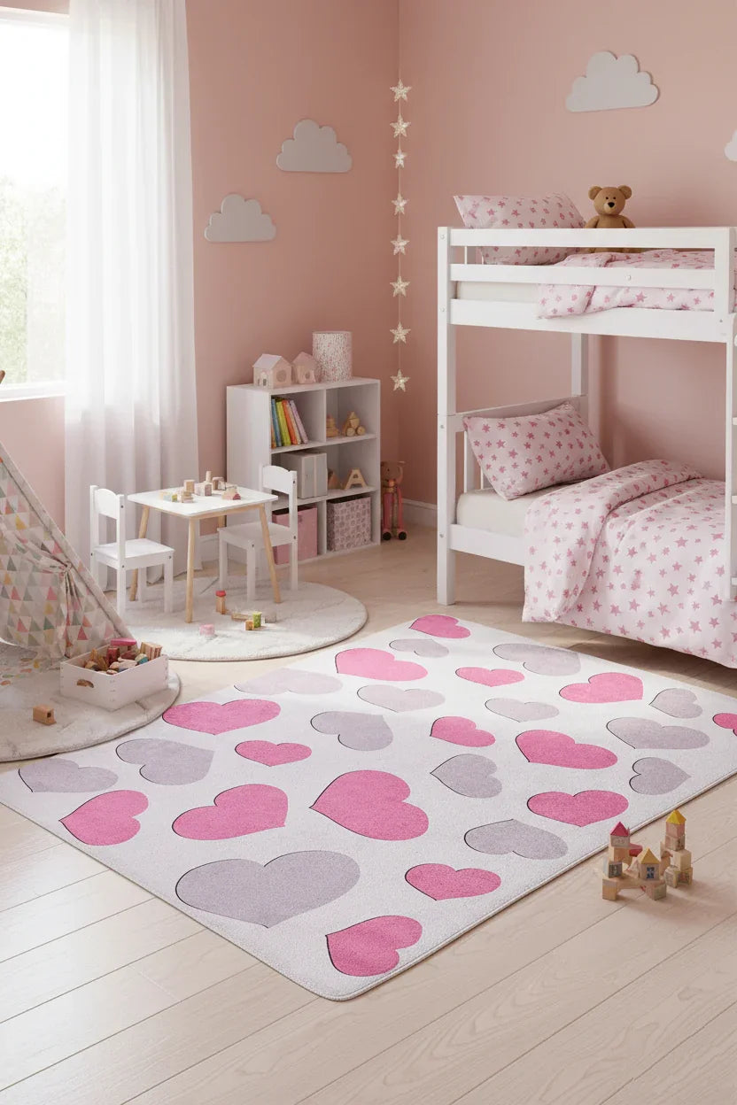 Kalp Desenli Pembe Çocuk Halısı-Pera Halı