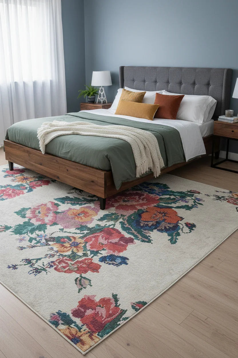 Karabağ Beyaz Çiçekli Dekoratif Halı-Pera Halı