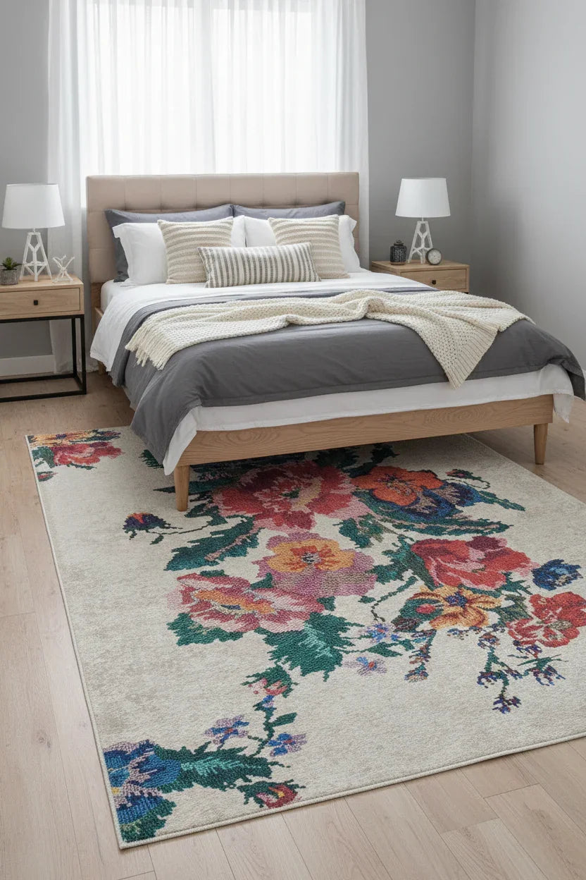 Karabağ Beyaz Çiçekli Dekoratif Halı-Pera Halı