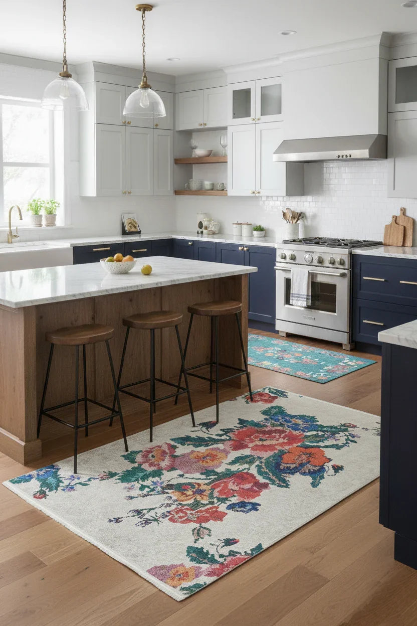 Karabağ Beyaz Çiçekli Dekoratif Halı-Pera Halı