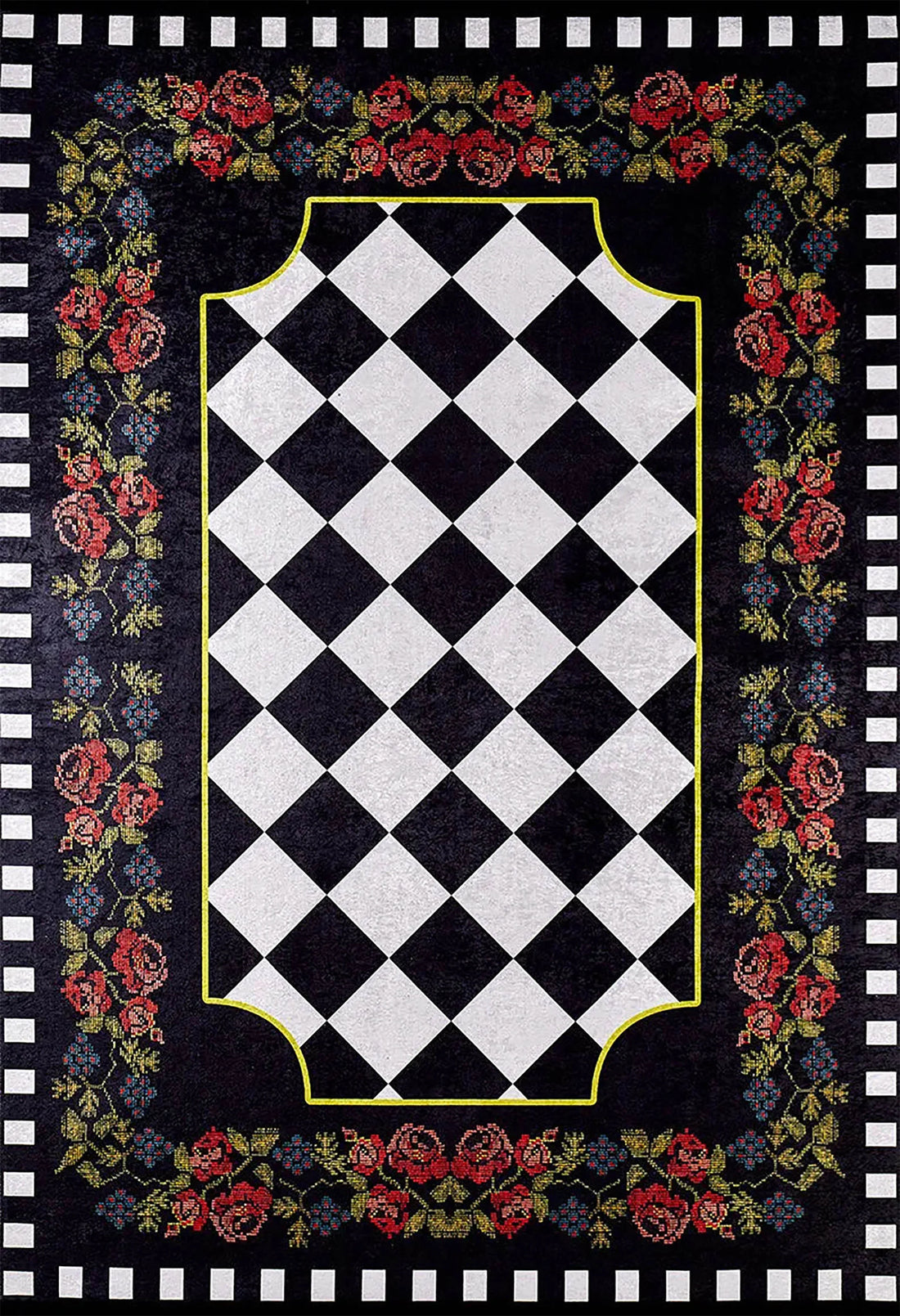 Karabağ Çiçek Desenli Geometrik Siyah Kırmızı Dekoratif Halı