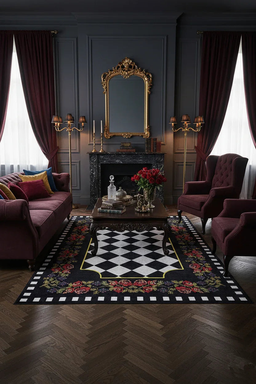 Karabağ Çiçek Desenli Geometrik Siyah Kırmızı Dekoratif Halı-Pera Halı