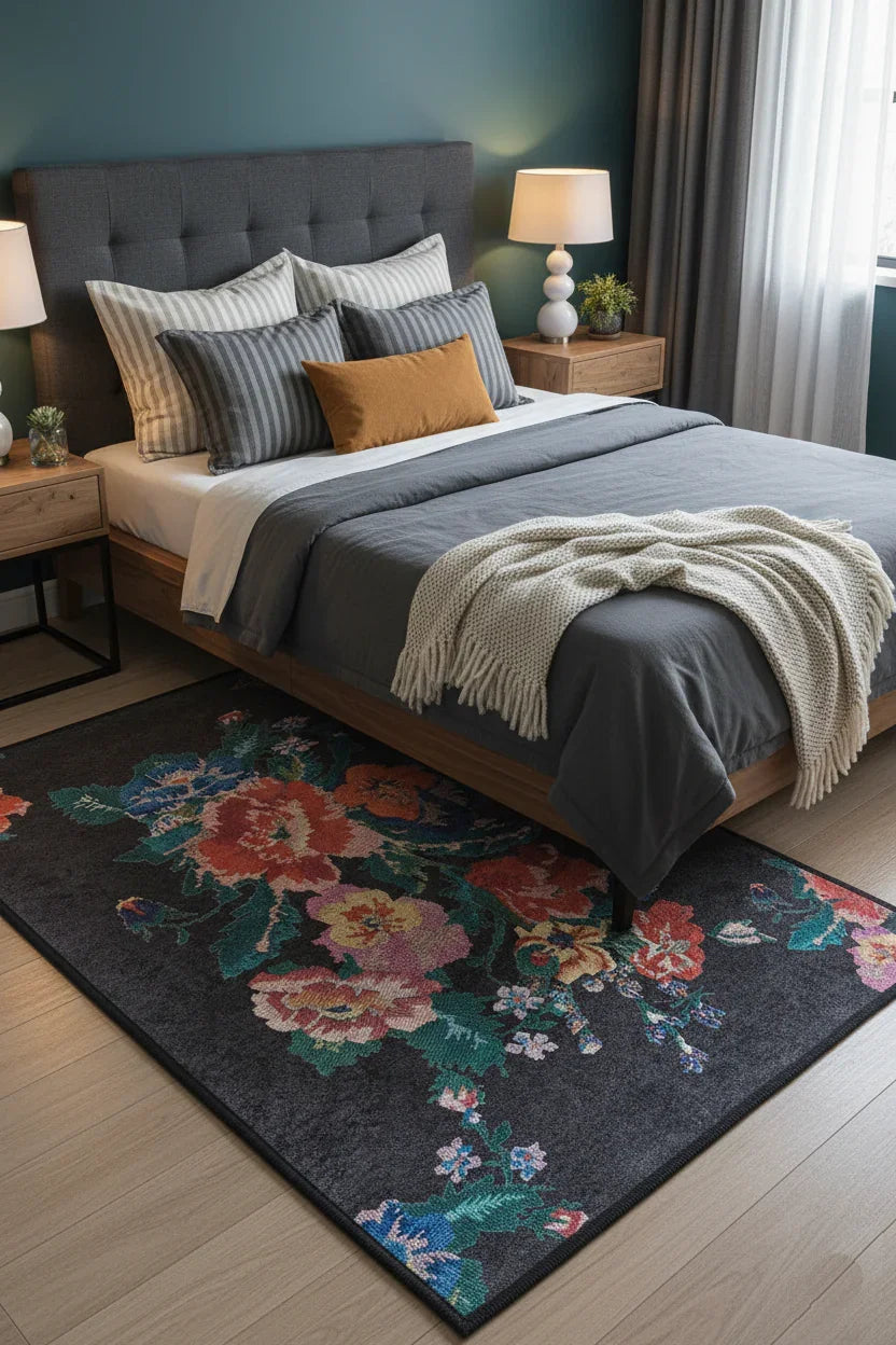 Karabağ Gül Desenli Siyah Halı-Pera Halı